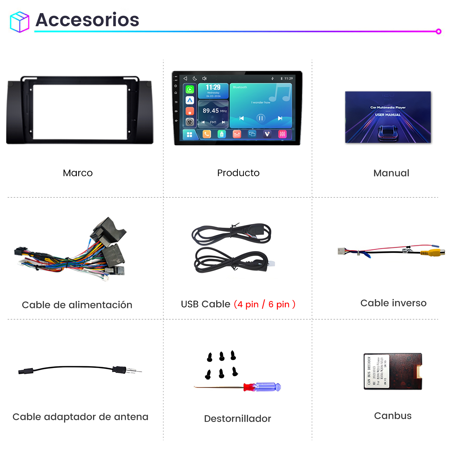 Imagen con accesorios para sistema multimedia de coche, incluyendo marco, pantalla, manual y varios cables.