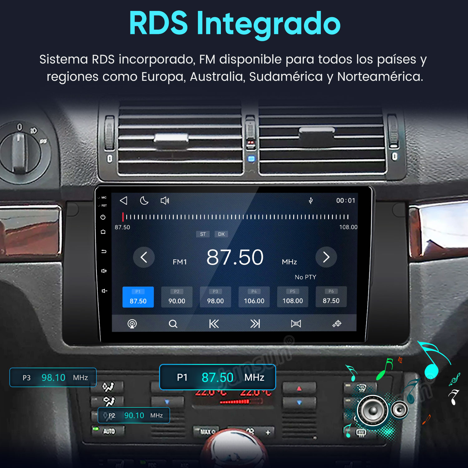 Un salpicadero de coche con una pantalla táctil digital que muestra una emisora de radio FM a 87,50 MHz.