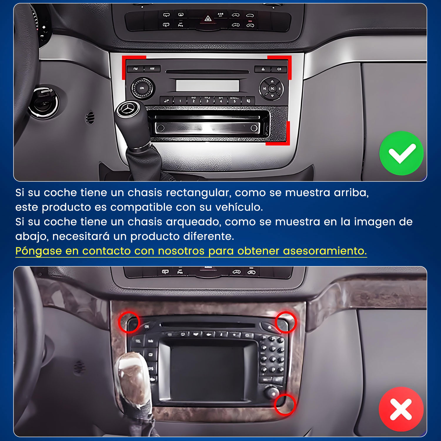 Comparación de dos salpicaderos de coche con marcos de radio compatibles e incompatibles.