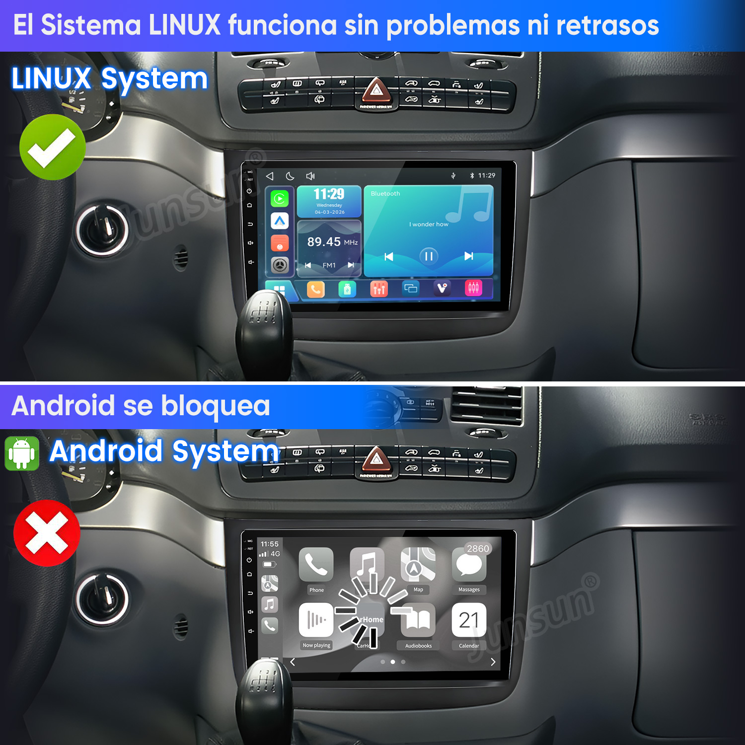 Comparación de dos pantallas de coche: el sistema Linux funciona sin problemas, el Android muestra un icono de carga.
