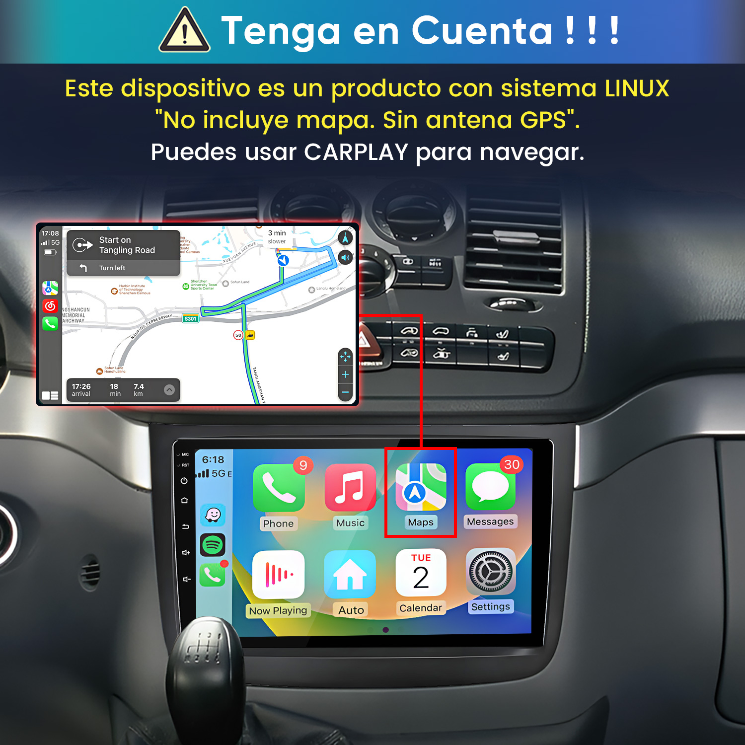 Estéreo de coche Linux con mapas CarPlay y texto en español sobre falta de GPS.