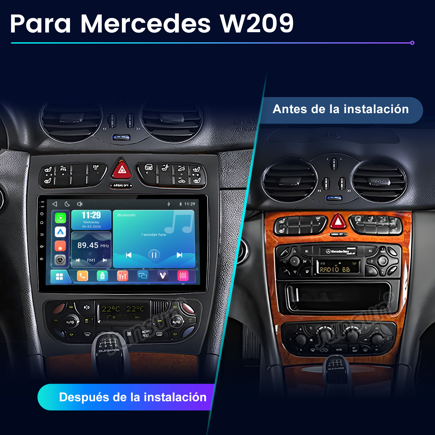 Comparación de la consola central del Mercedes W209 antes y después de instalar un nuevo sistema multimedia.