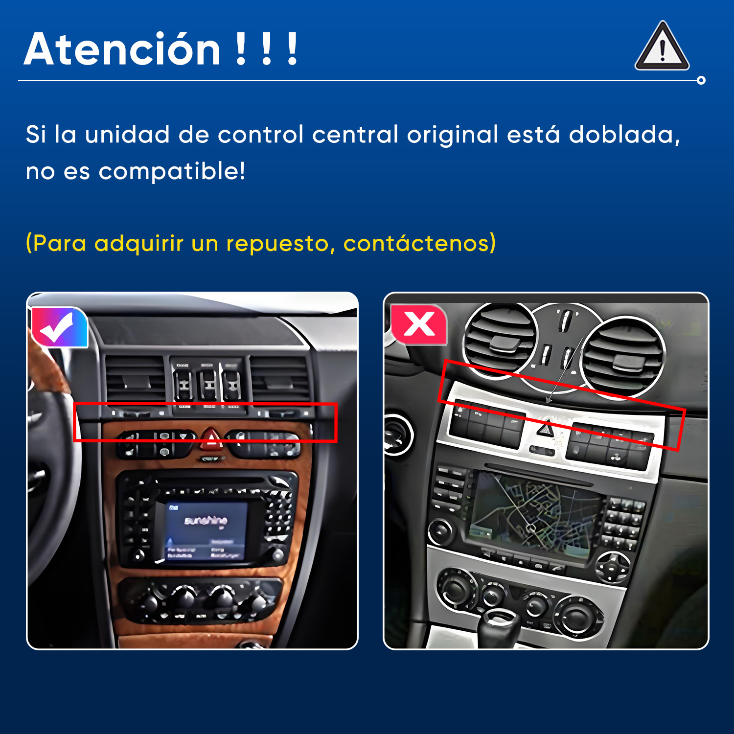 Aviso en fondo azul con dos consolas de coche: izquierda compatible con marca, derecha incompatible con cruz.