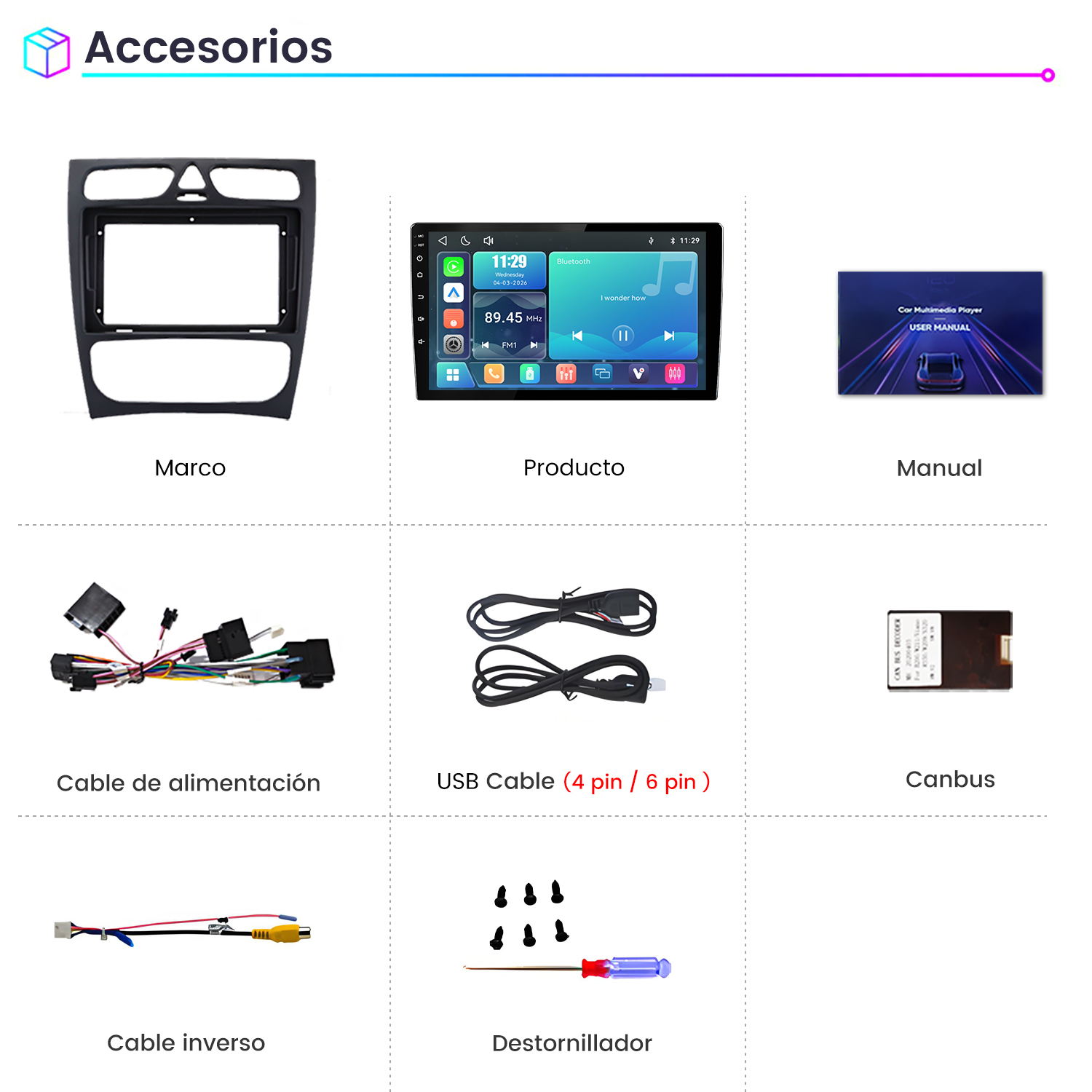 Diagrama que muestra accesorios para auto como marco, pantalla, manual, cables, canbus y destornillador.
