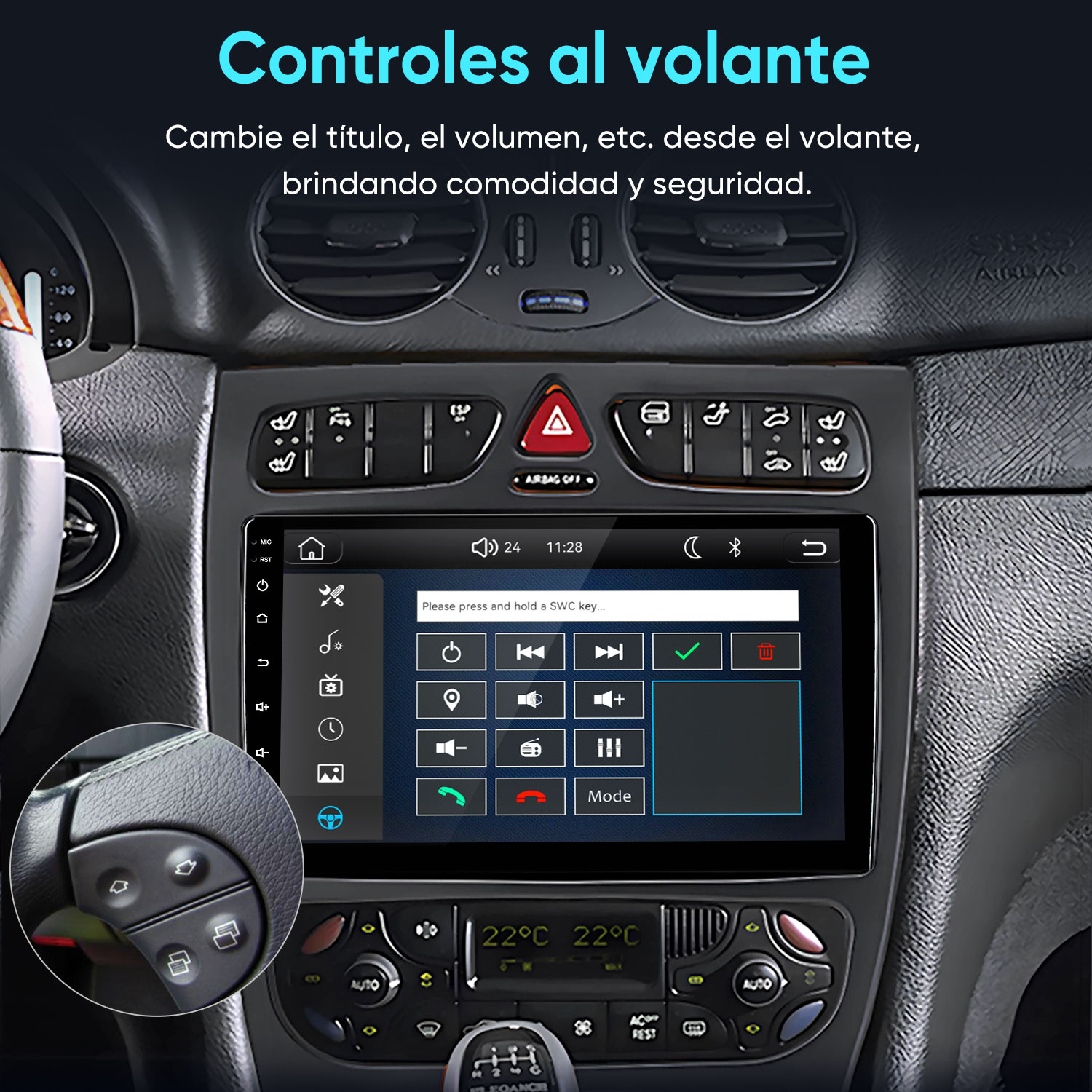 Salpicadero de coche con sistema de infoentretenimiento táctil y controles en el volante.