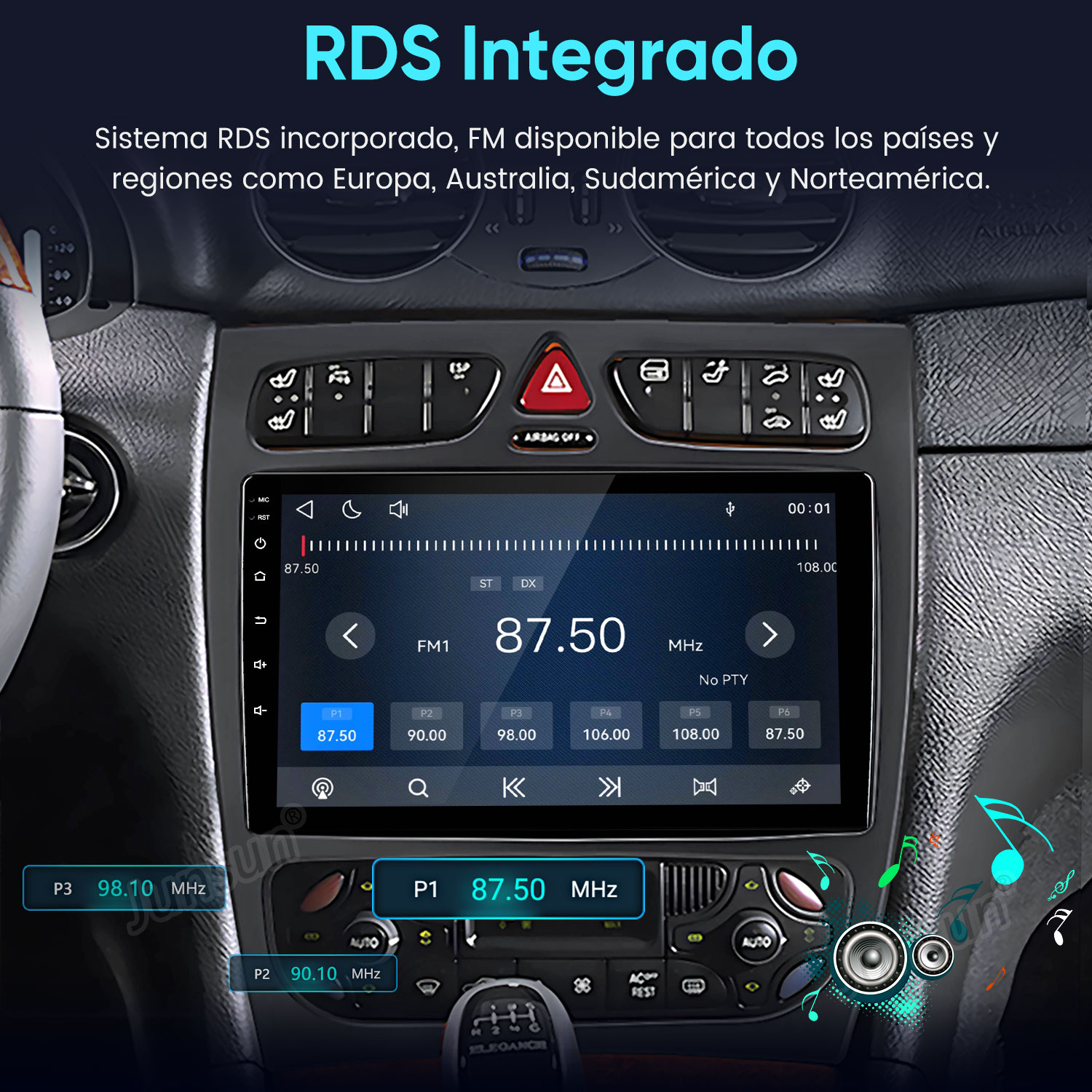 Autoradio con pantalla táctil y función FM RDS instalada en el salpicadero.