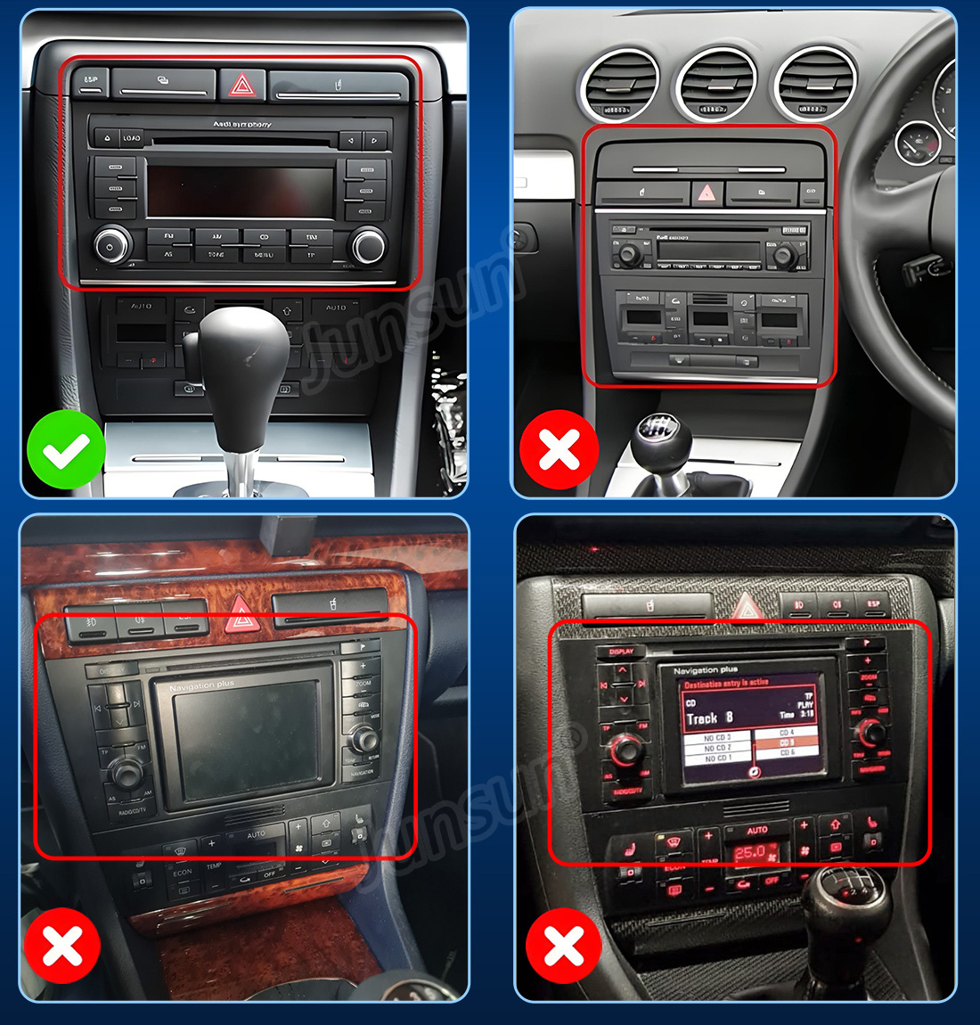 Cuatro consolas interiores de automóviles muestran unidades de radio Audi compatibles e incompatibles.
