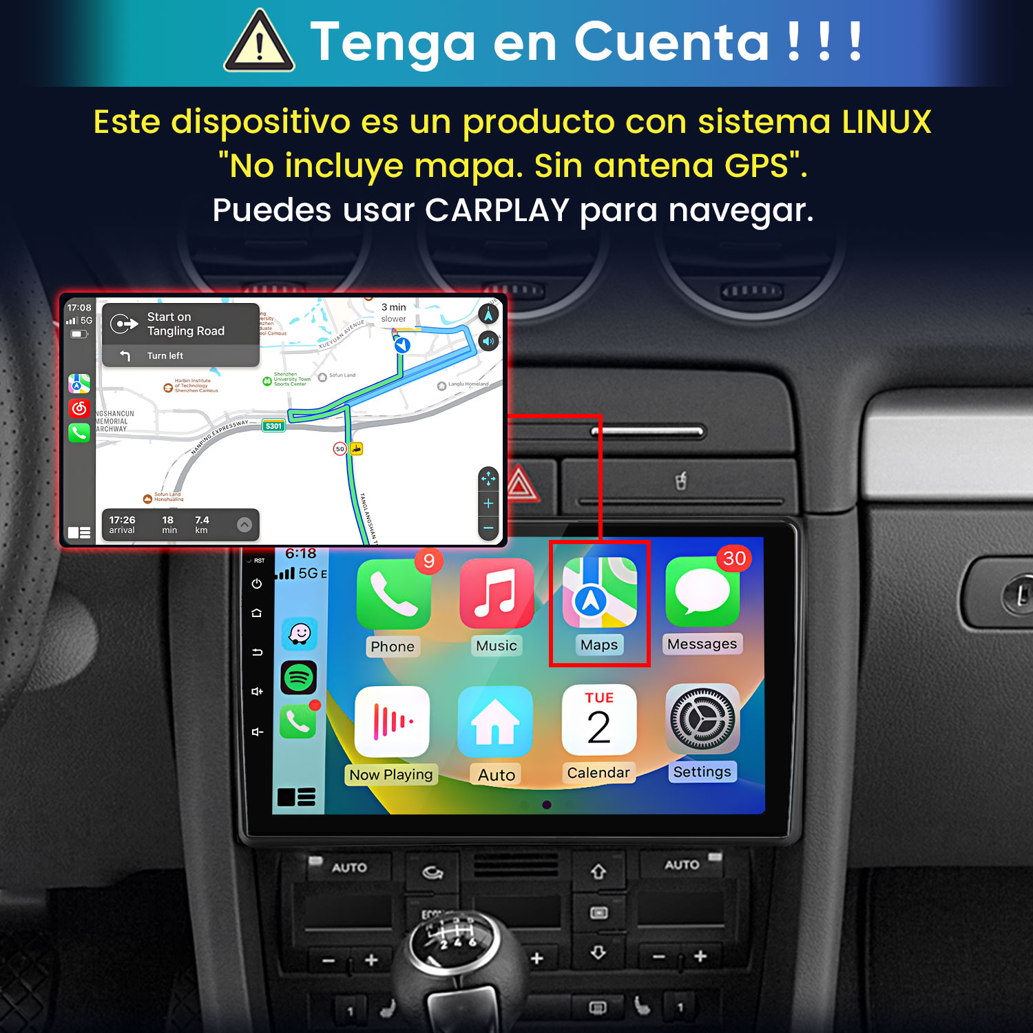 Pantalla de radio de coche Linux que muestra la interfaz de navegación del mapa Apple CarPlay.