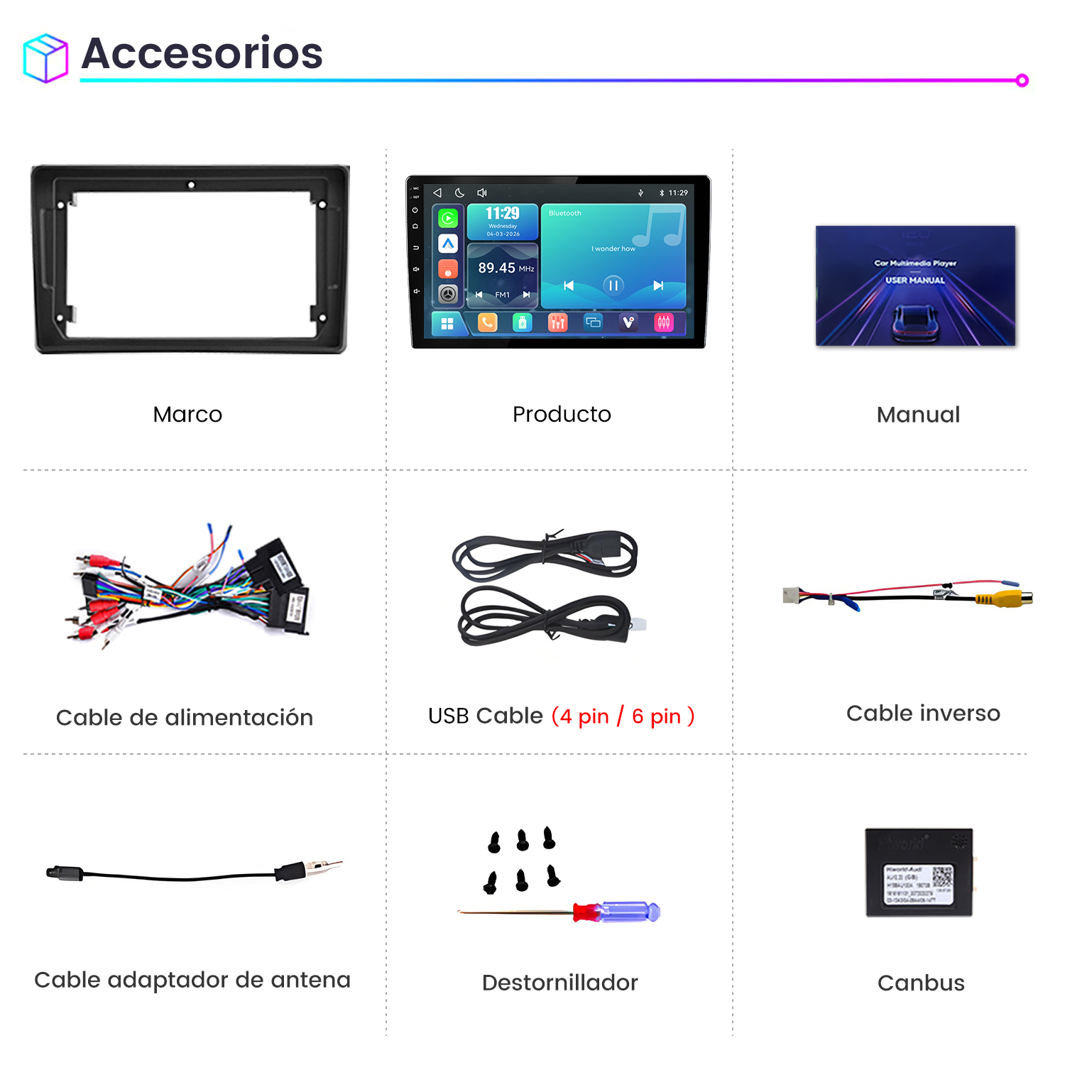 Cuadrícula de nueve accesorios para automóviles: marco, pantalla, manual, cables, destornillador y Canbus.
