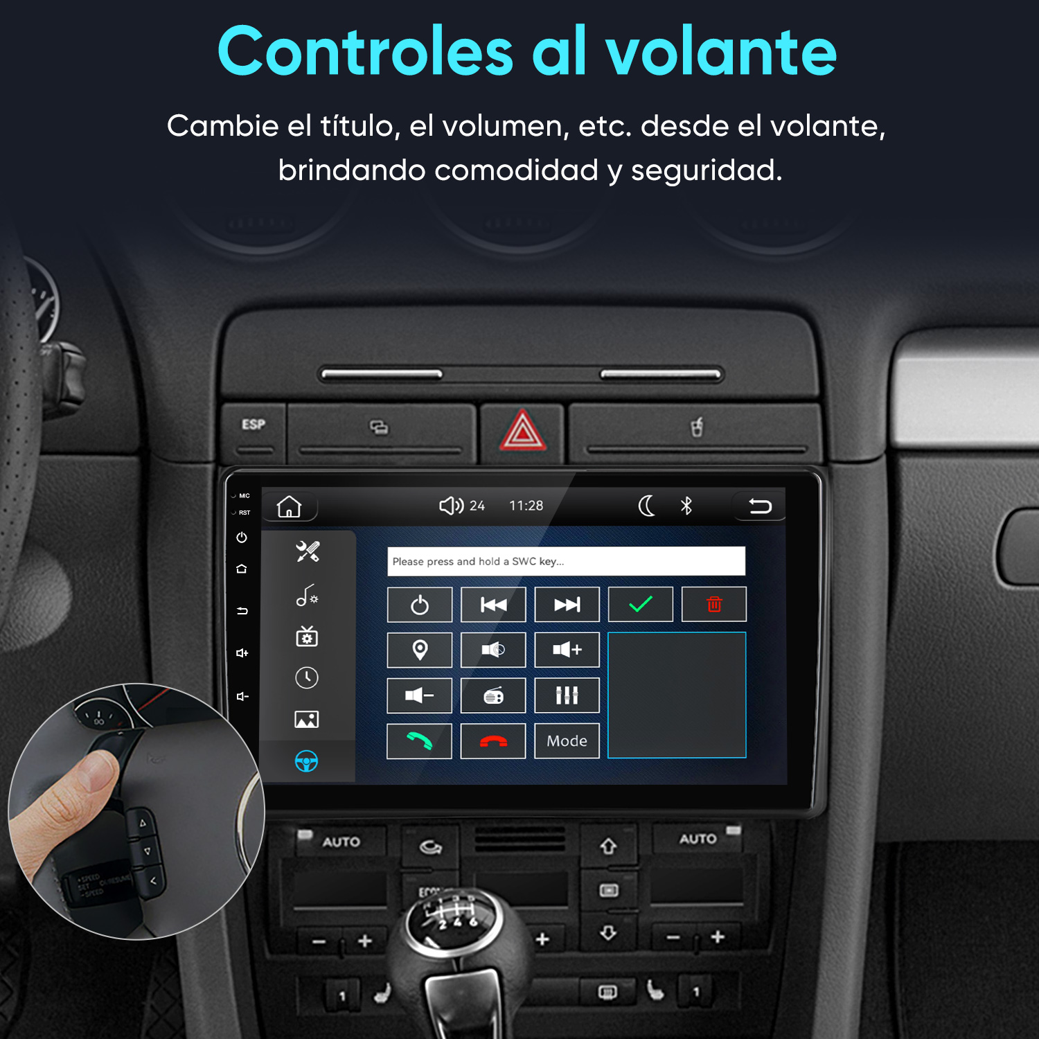 Interior de coche con sistema de infoentretenimiento táctil y controles en el volante.