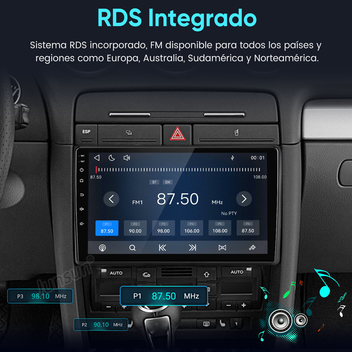 Autoradio con pantalla RDS y sintonizador FM integrado en el salpicadero.