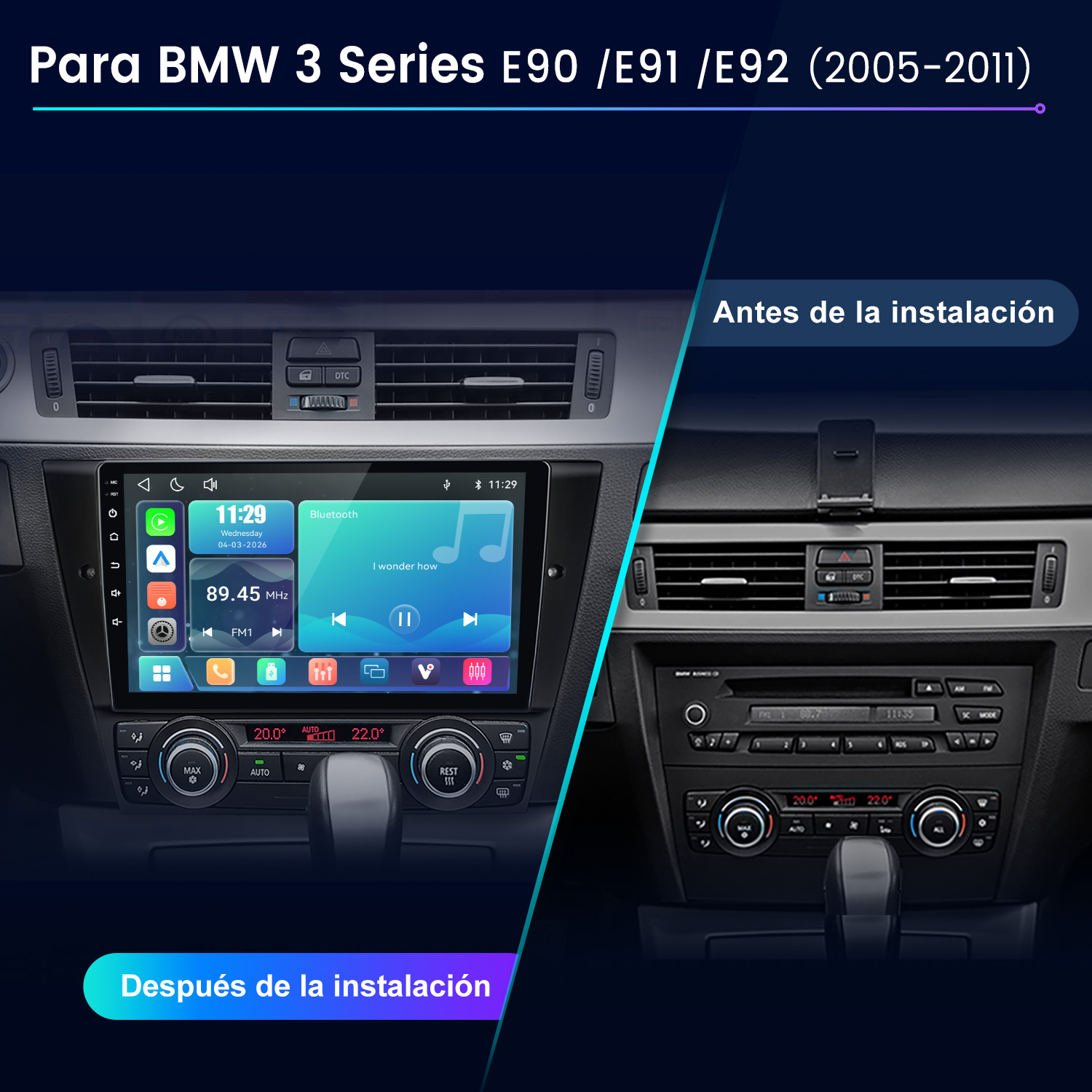 Comparación del salpicadero del BMW Serie 3 antes y después de instalar una nueva radio táctil.