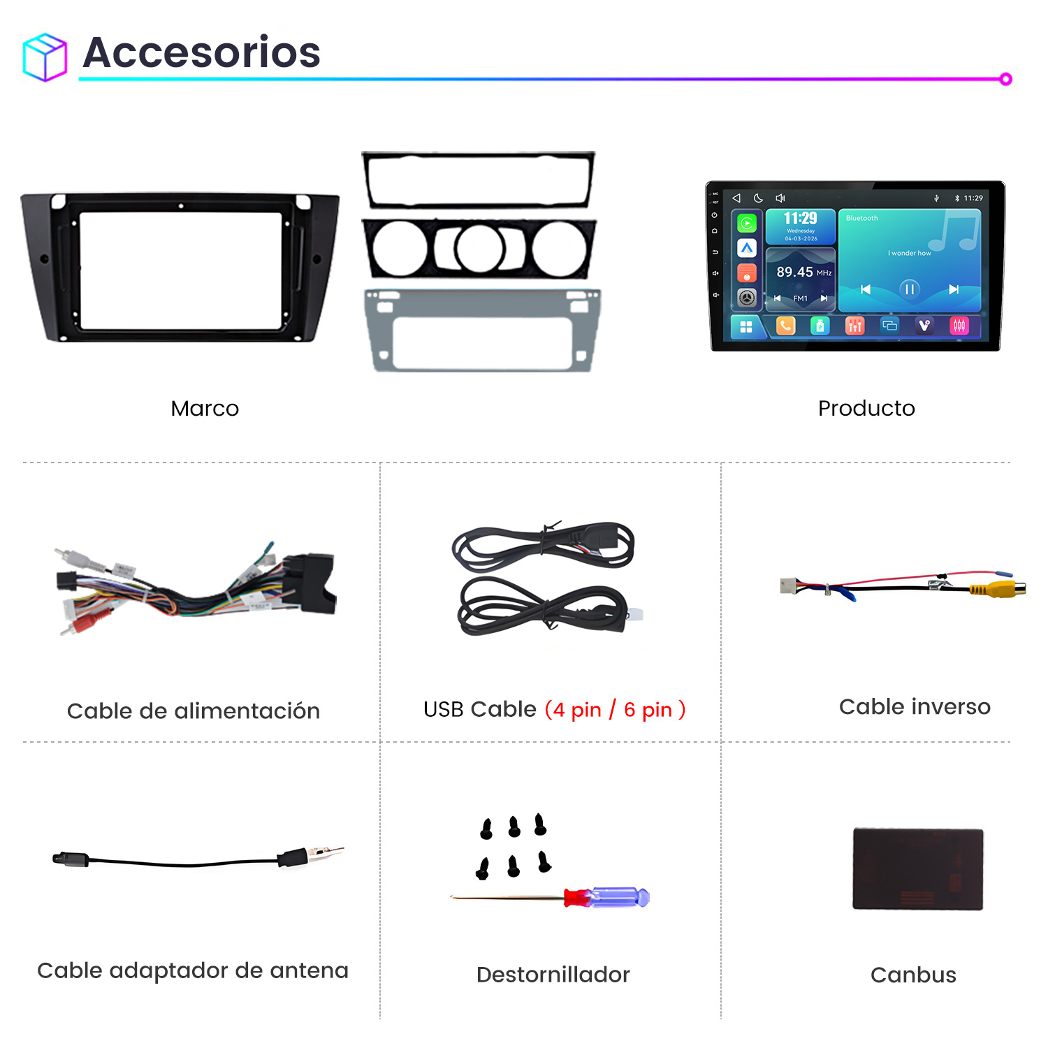 Accesorios para autorradio que incluyen marco, reproductor, cables, cables USB y un destornillador.