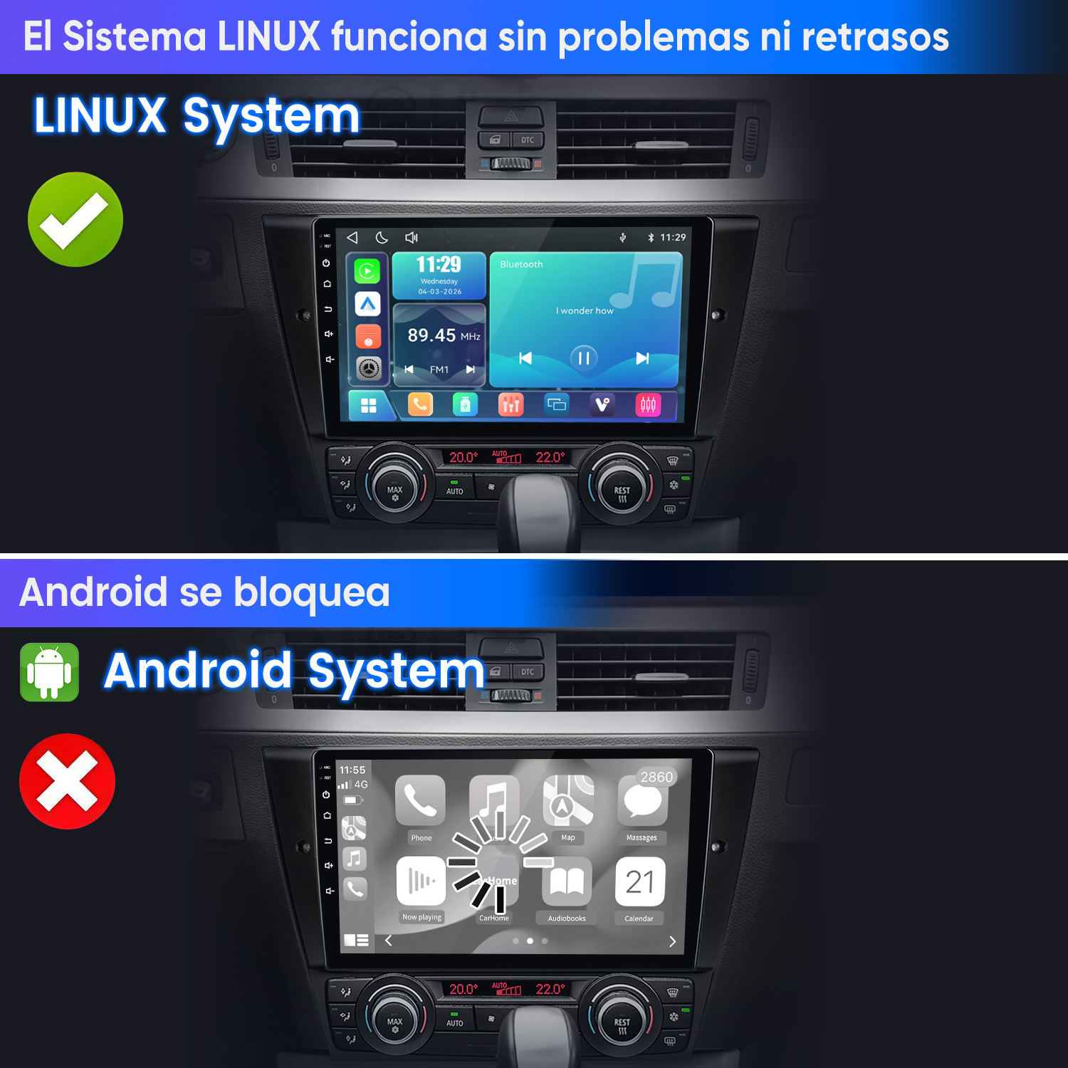 Comparación de dos pantallas de coche: el sistema Linux funciona fluido, el sistema Android muestra un círculo de carga.