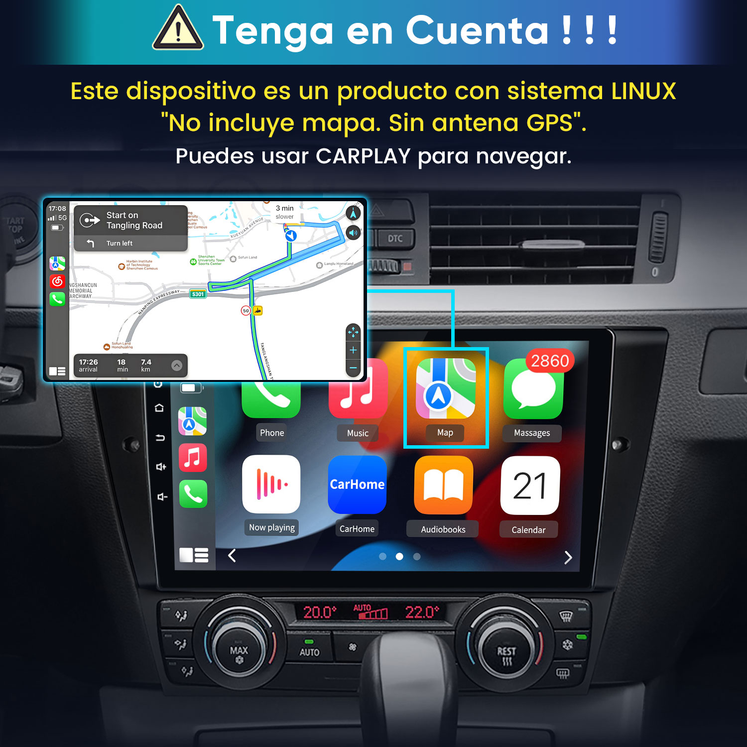 Estéreo de coche Linux con interfaz Carplay y aviso de GPS.