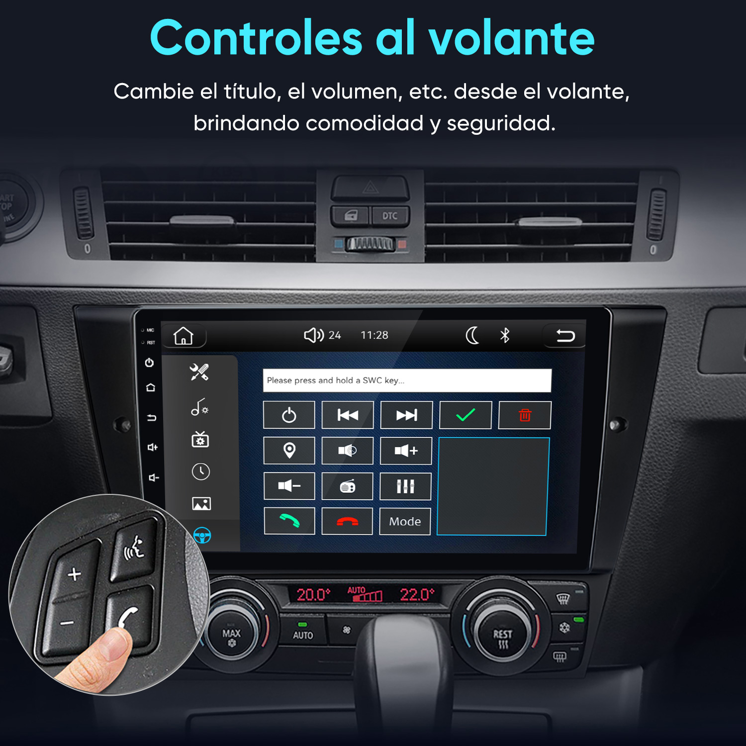 Interior de coche con pantalla multimedia táctil y controles en el volante.