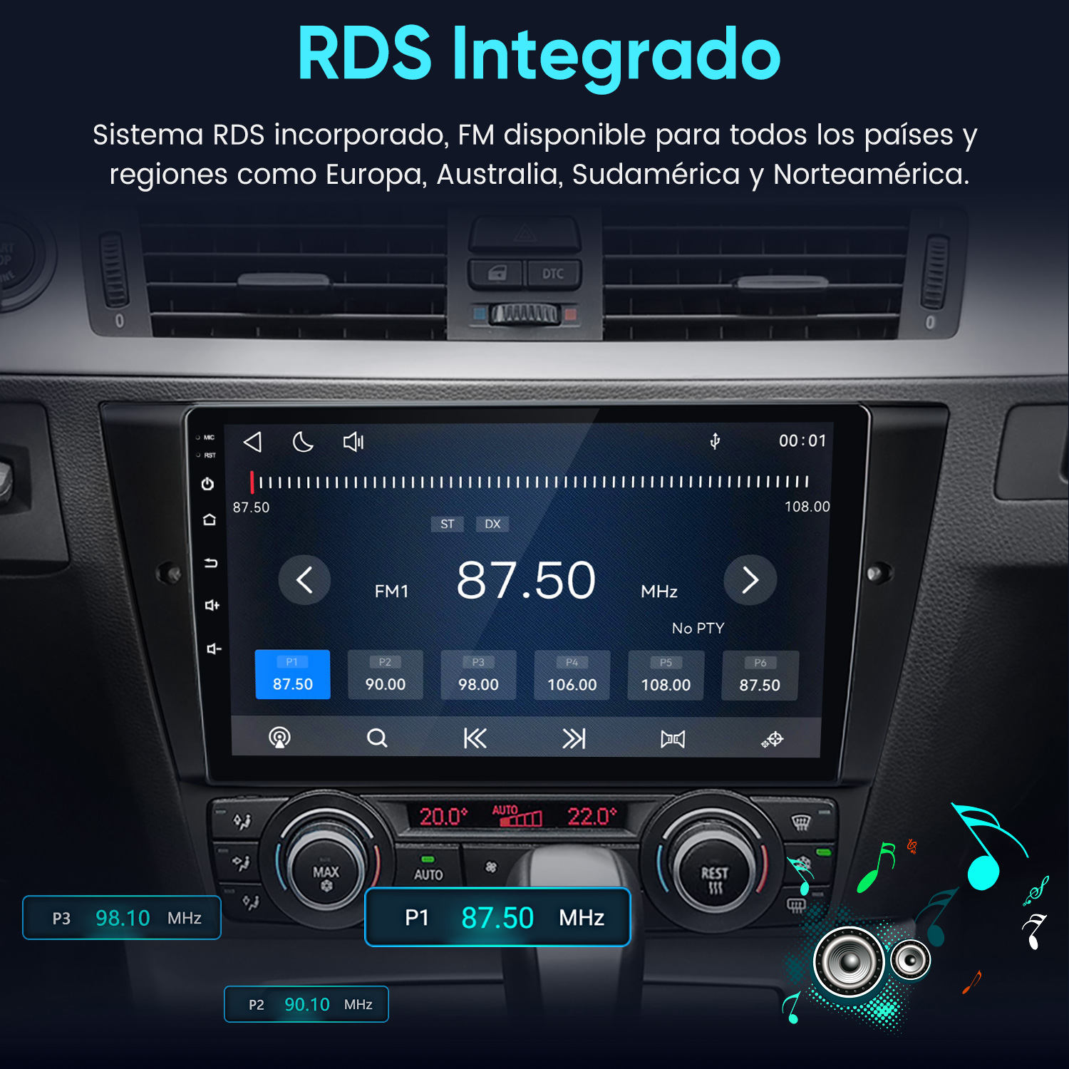 Una pantalla de audio de coche muestra la frecuencia de radio FM 87.50 MHz.