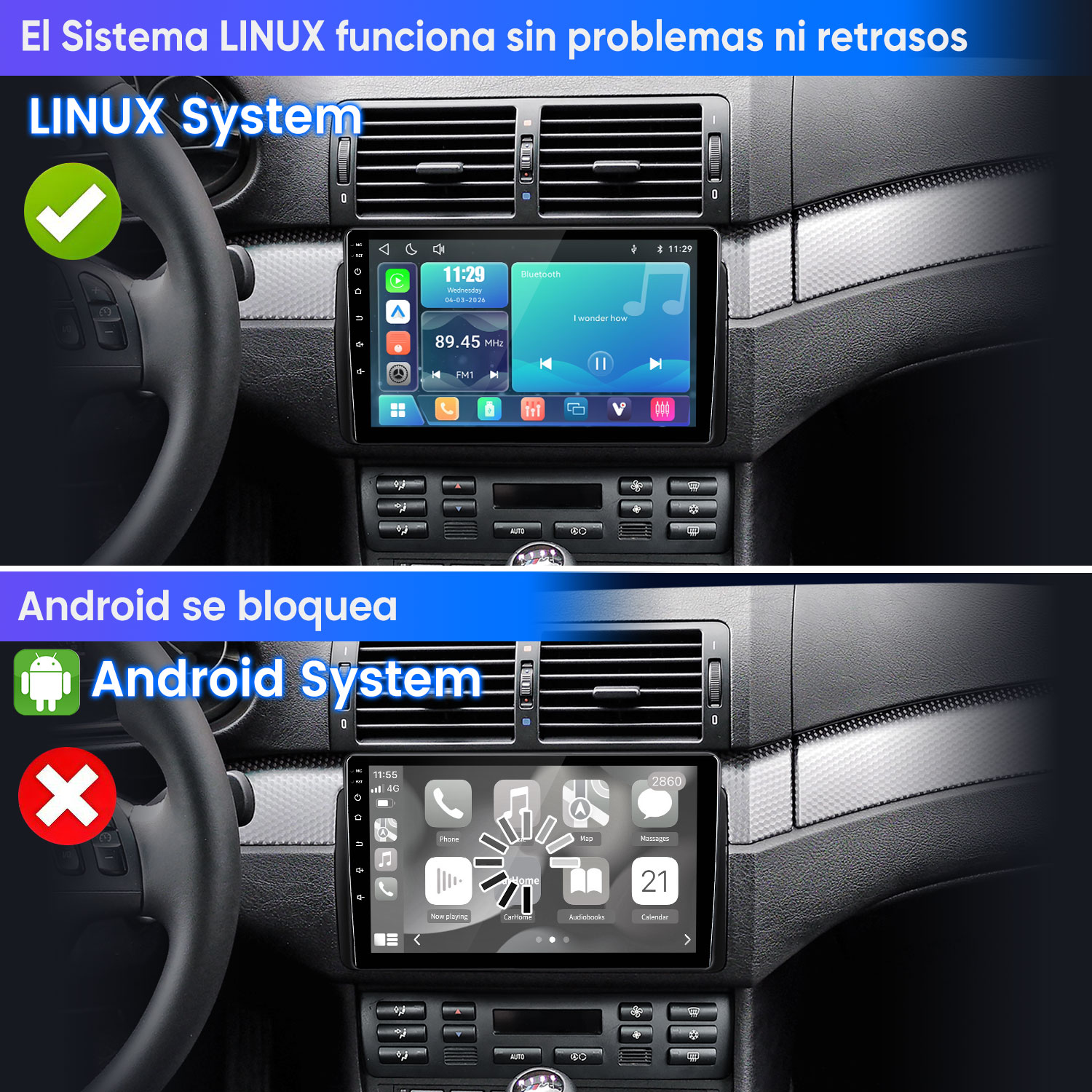 Comparación de un sistema Linux fluido y un sistema Android bloqueado en el salpicadero de un coche.