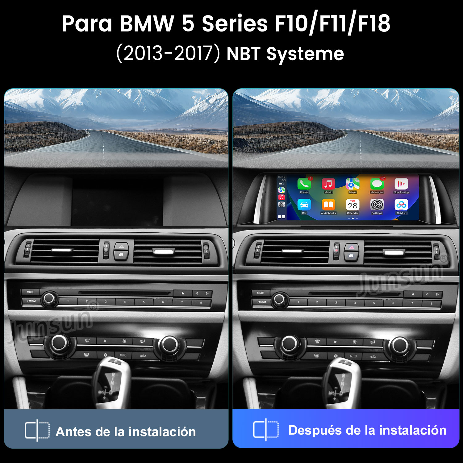 Comparación del interior de un BMW antes y después de instalar una nueva pantalla.