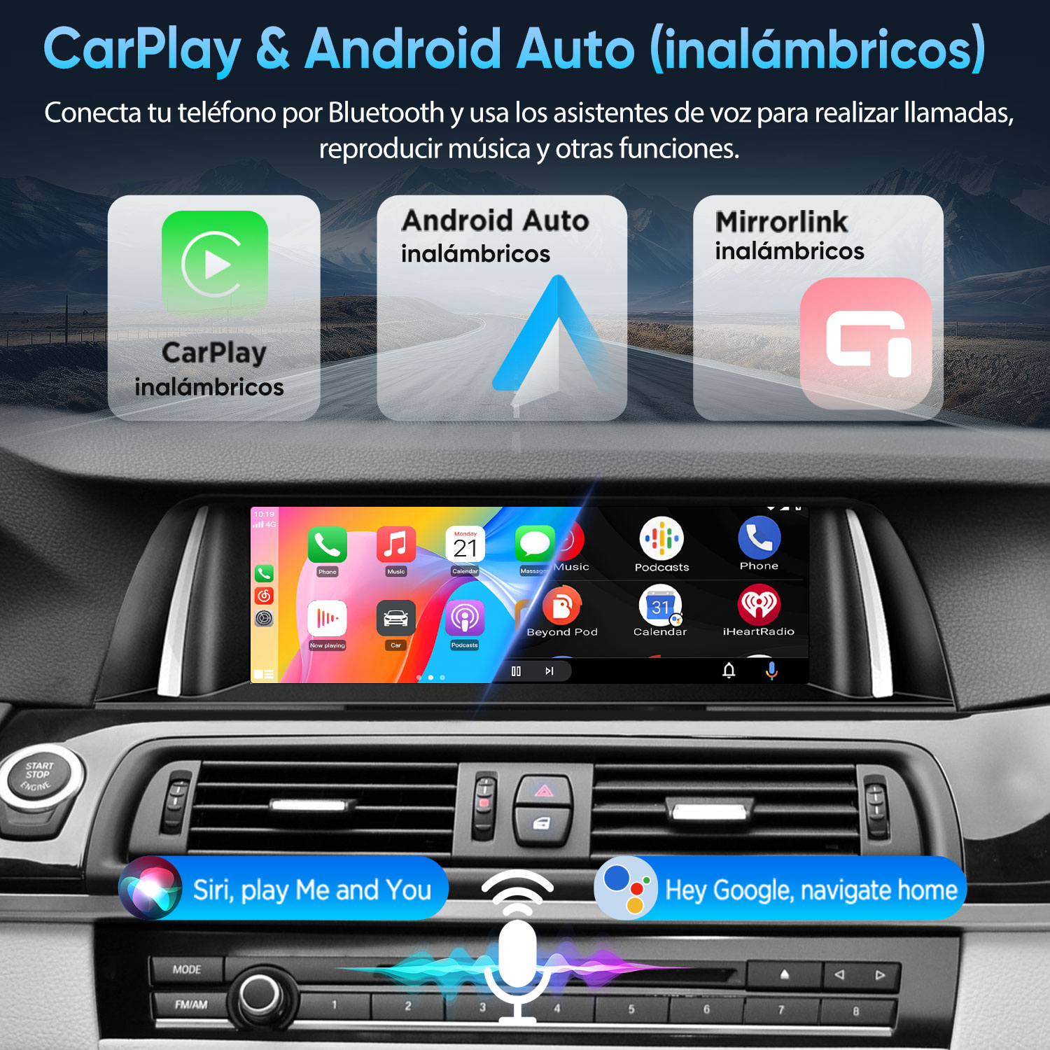Salpicadero de coche con pantalla táctil ancha para CarPlay inalámbrico, Android Auto y comandos de voz.