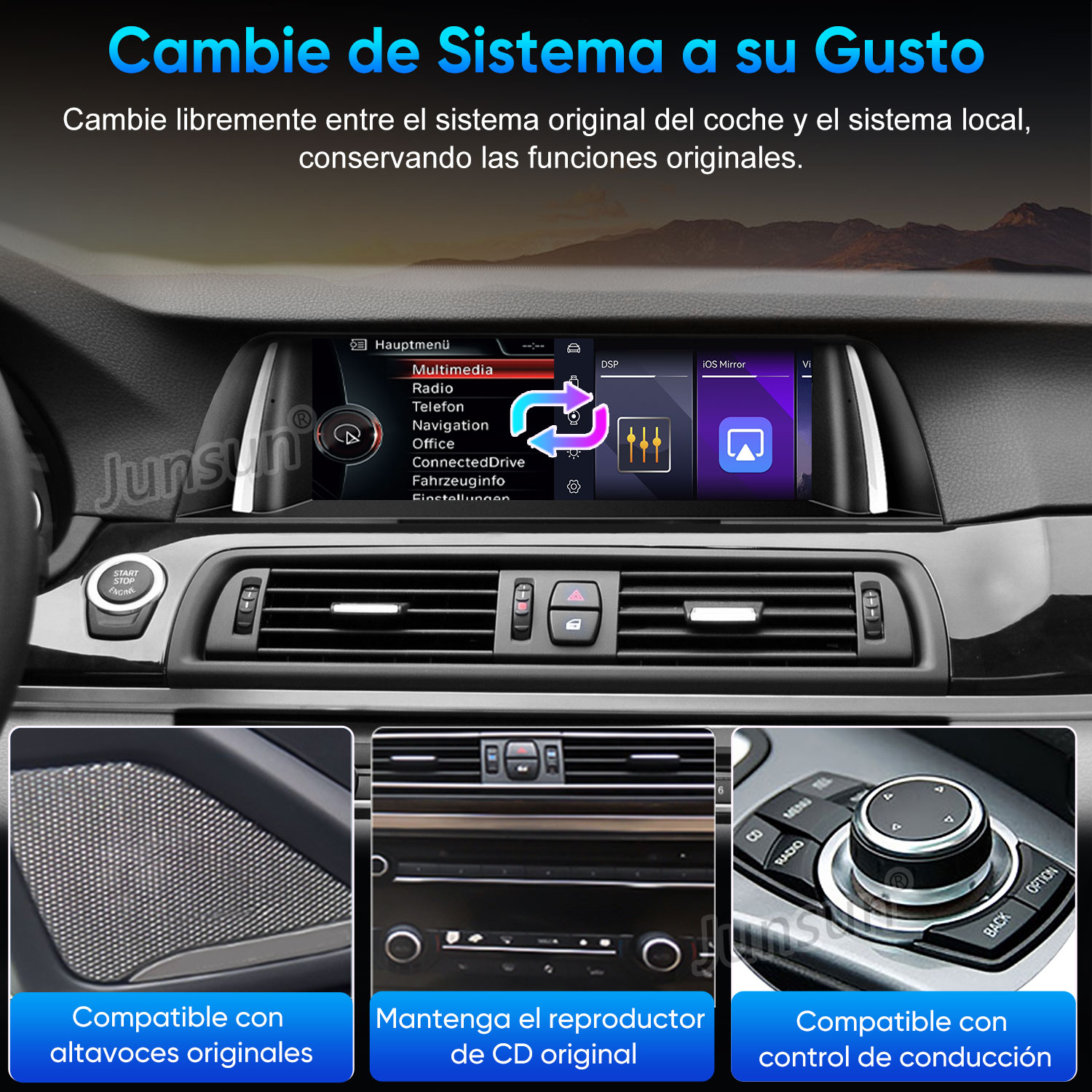 Salpicadero de coche con pantalla multimedia digital, rejillas de ventilación y botón de control.