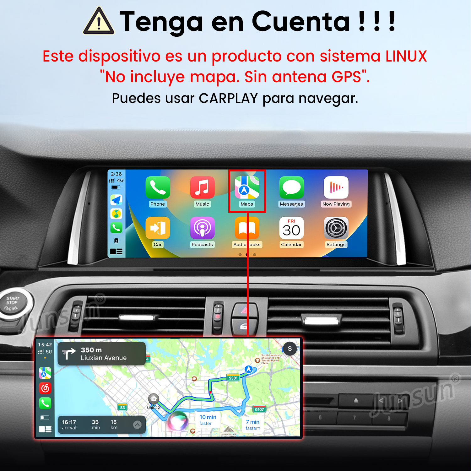 Una pantalla de carplay en un auto con iconos de aplicaciones, incluyendo mapas conectado a una ruta de navegación.