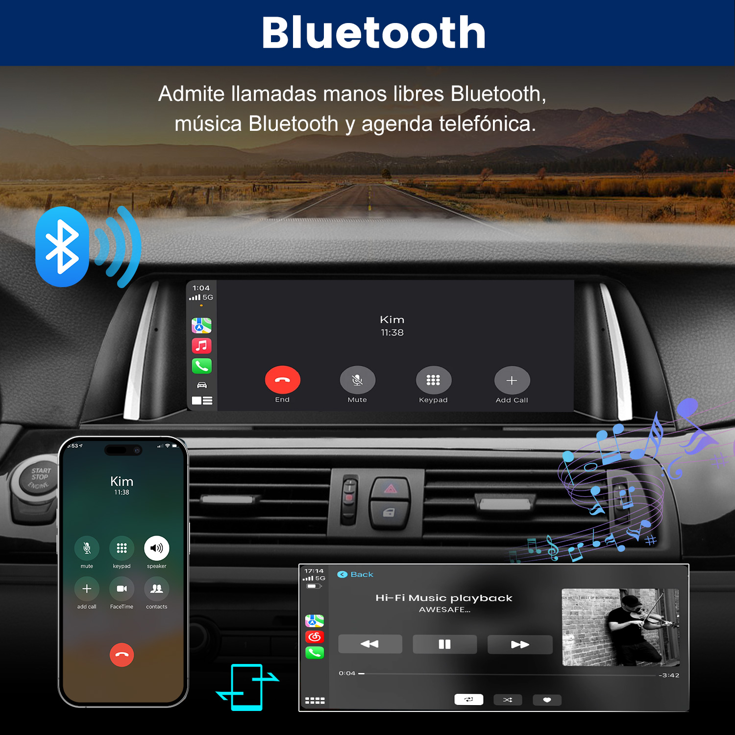 La pantalla del coche muestra llamada Bluetooth, smartphone y música.