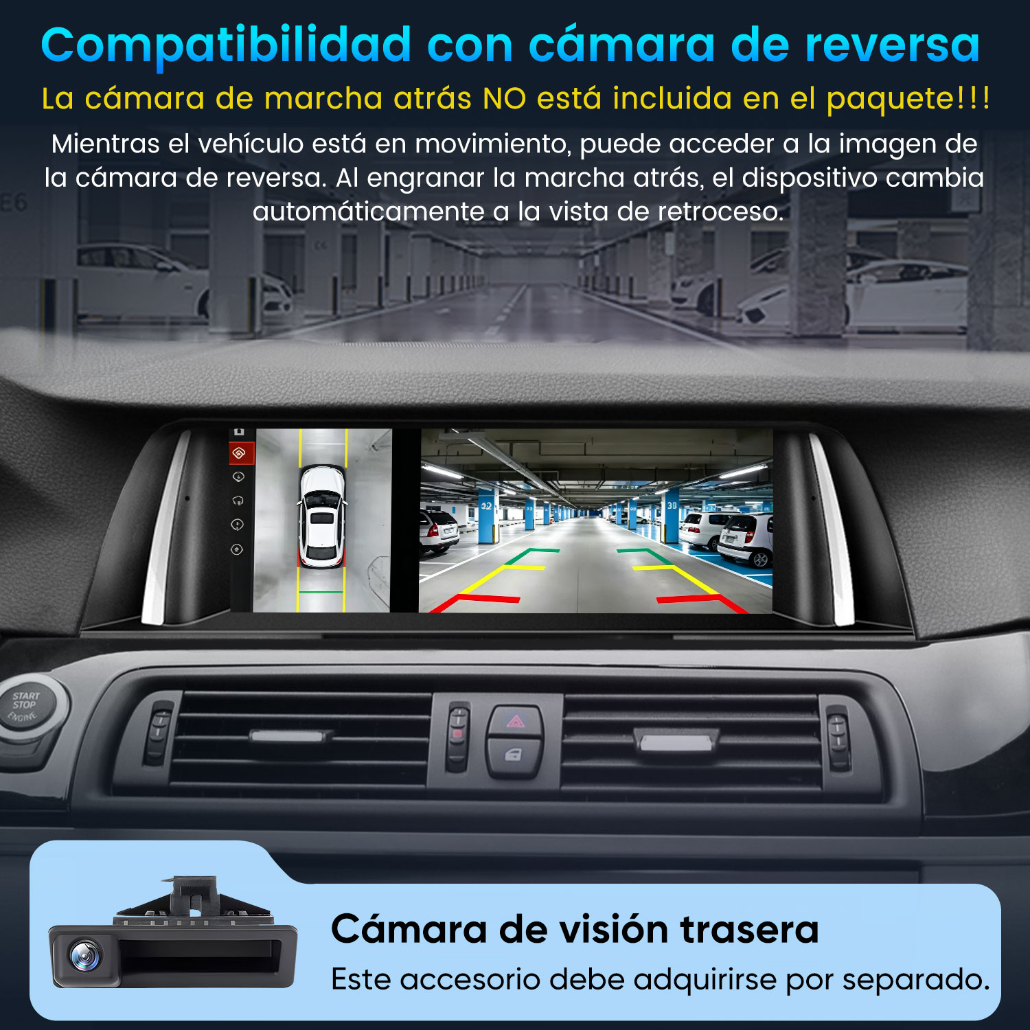 Pantalla de coche muestra la cámara de marcha atrás con guías de estacionamiento y texto en español arriba.