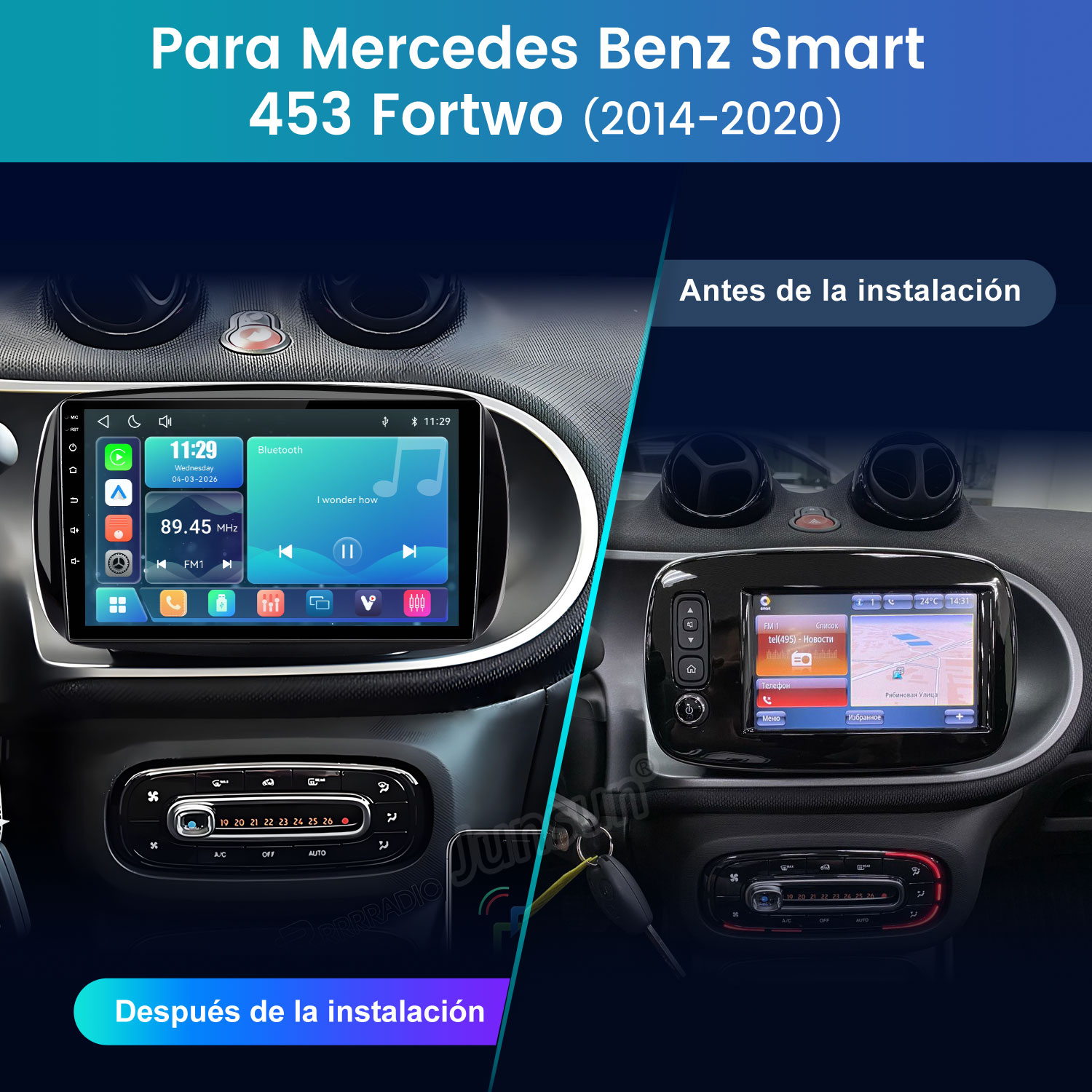 Comparación del salpicadero de un Smart Fortwo antes y después de instalar una radio táctil moderna.