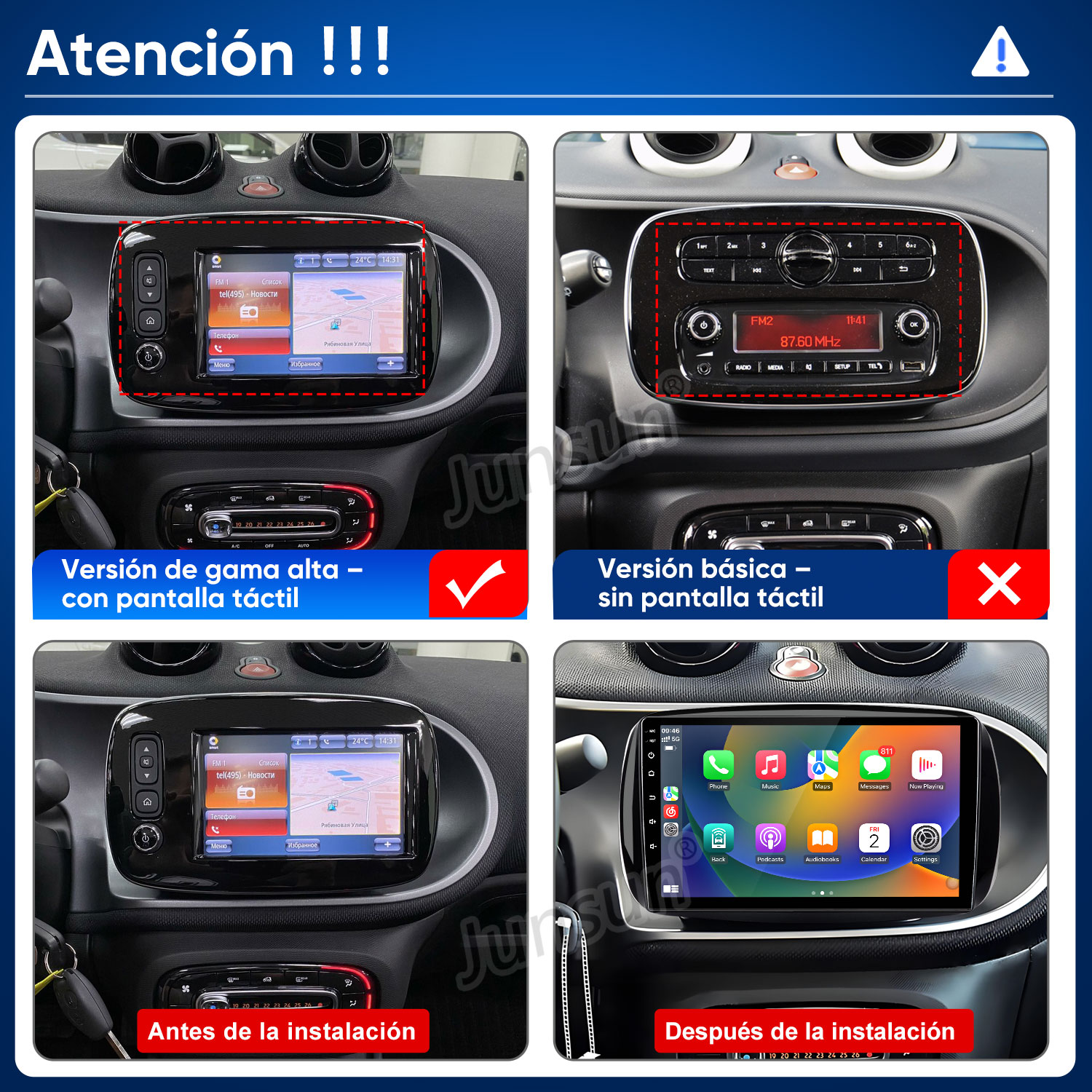 Comparación de sistemas de infoentretenimiento de automóviles antes y después de instalar la pantalla táctil.