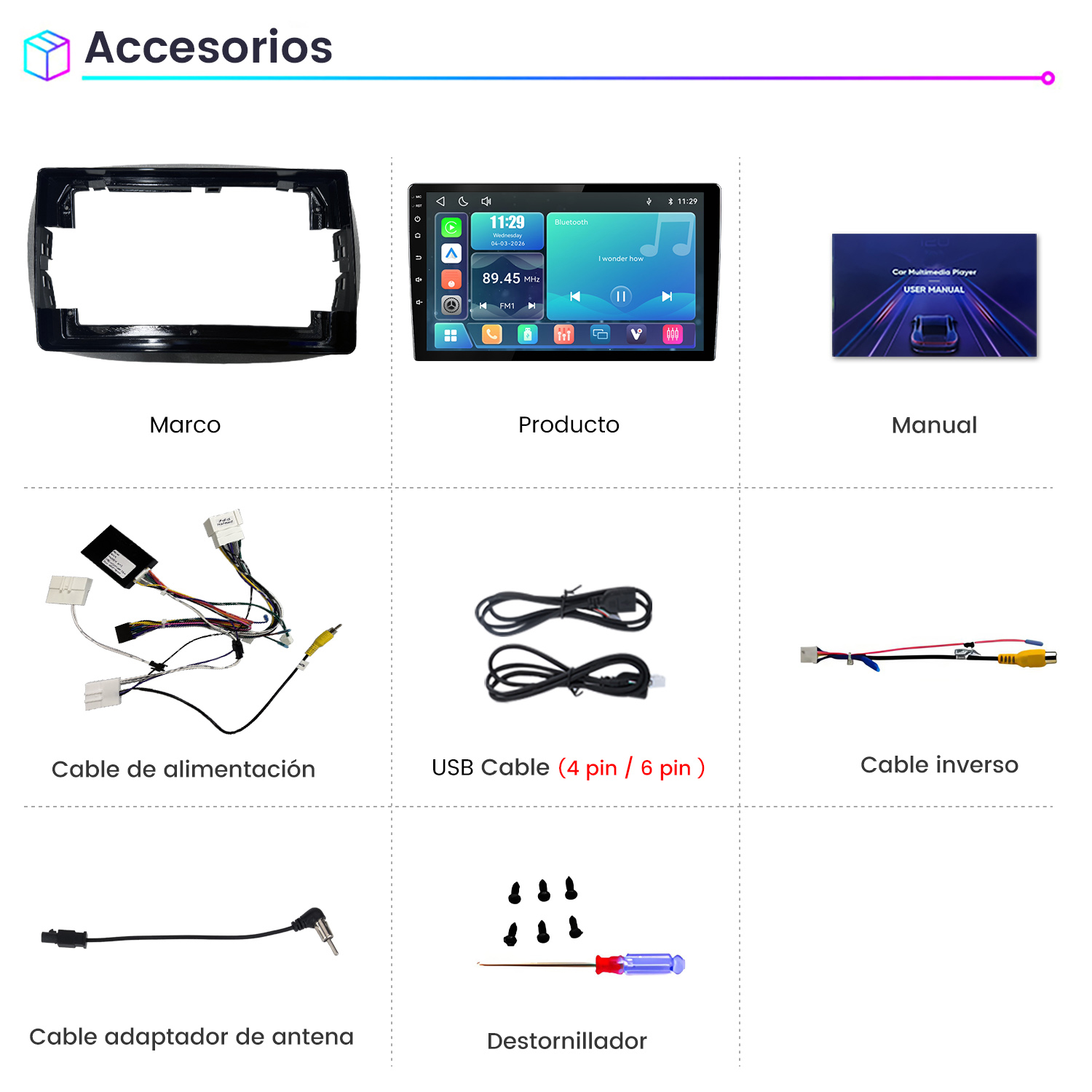 Cuadricula de accesorios para multimedia de coche, incluyendo marco, pantalla, manual y varios cables.