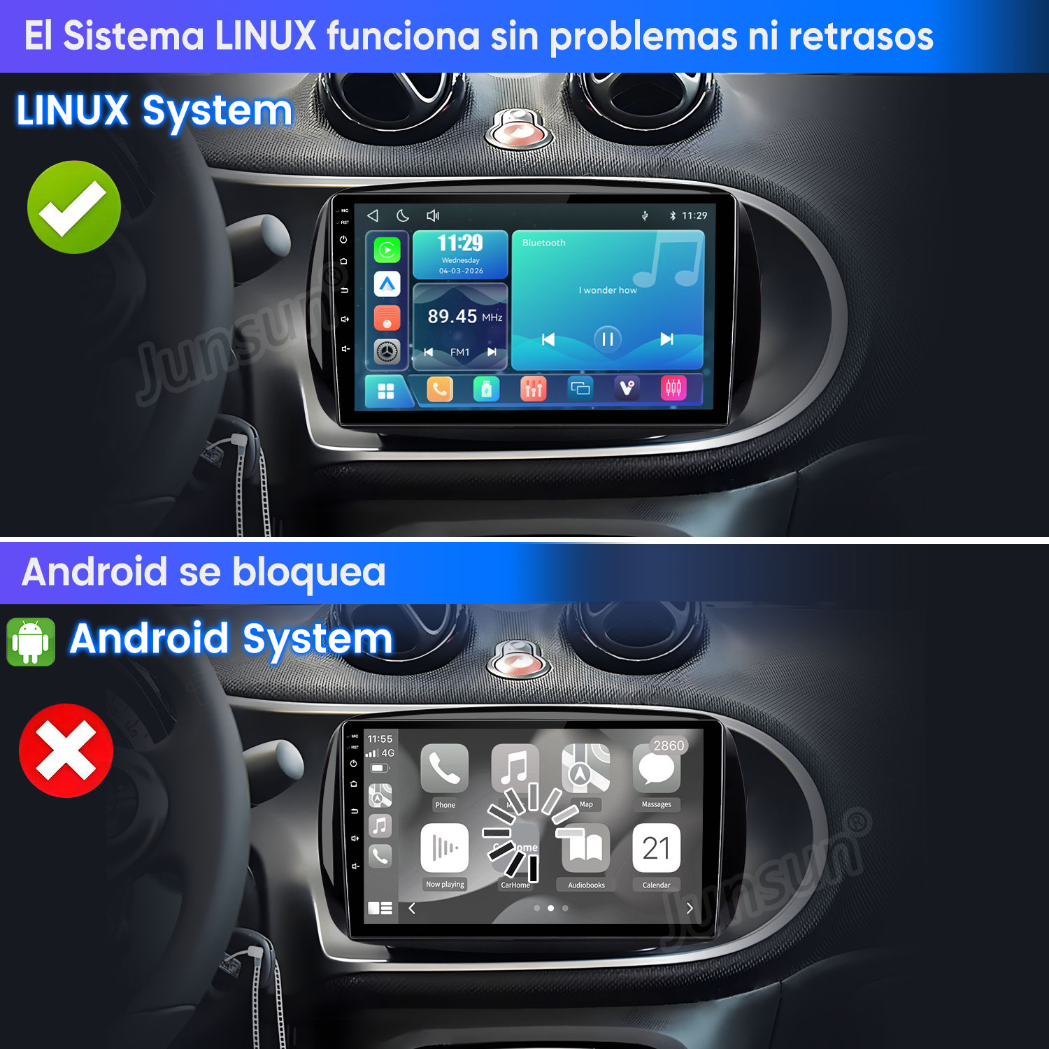 Comparación de pantallas multimedia con un sistema Linux fluido frente a un sistema Android bloqueado con rueda de carga.