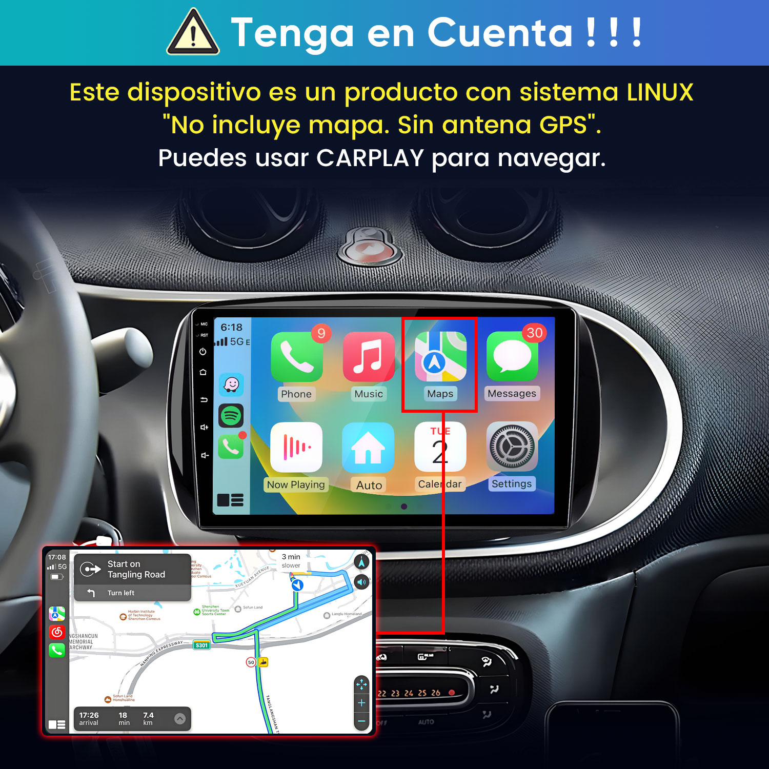 Radio de coche Linux con Apple CarPlay, sin antena GPS integrada ni mapas.