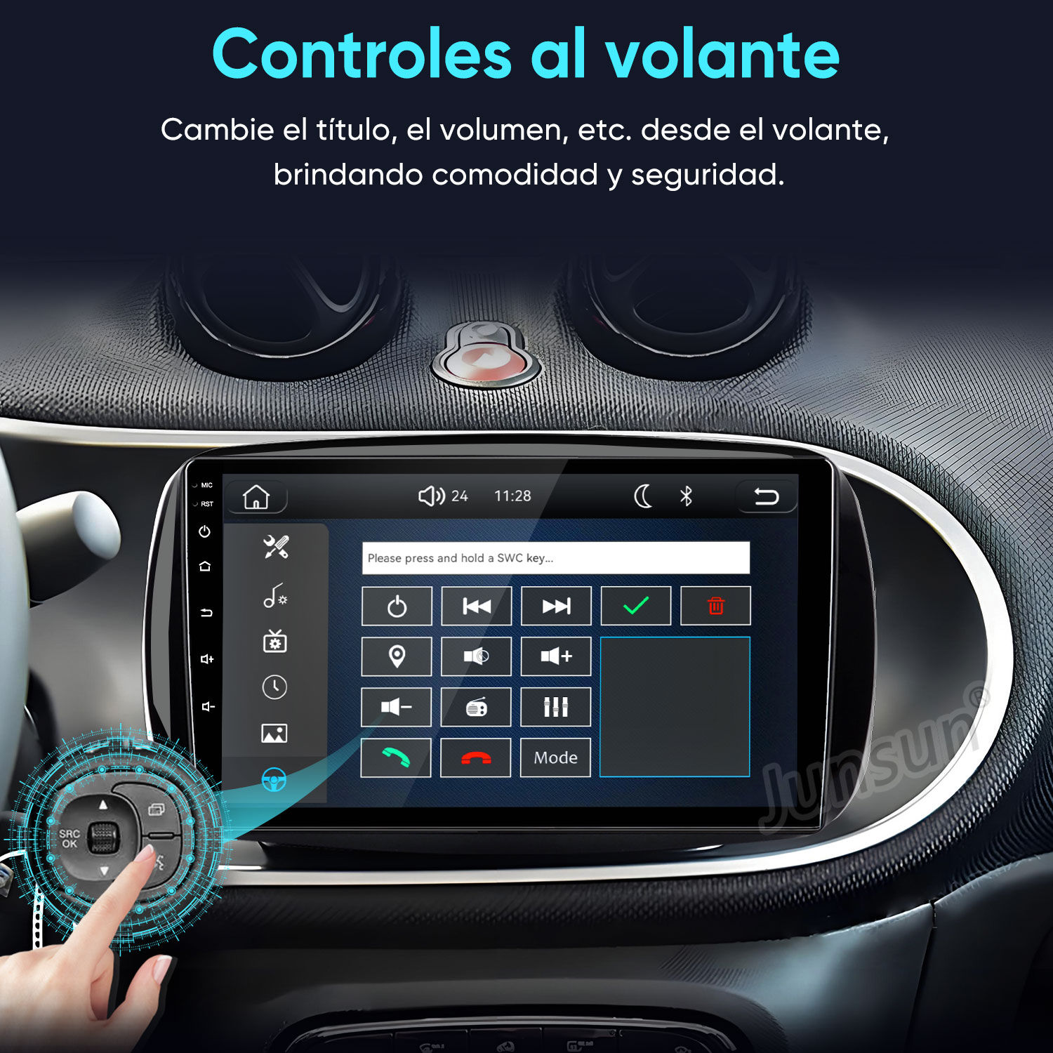 Una pantalla multimedia de automóvil con interfaz de control montada en el salpicadero.