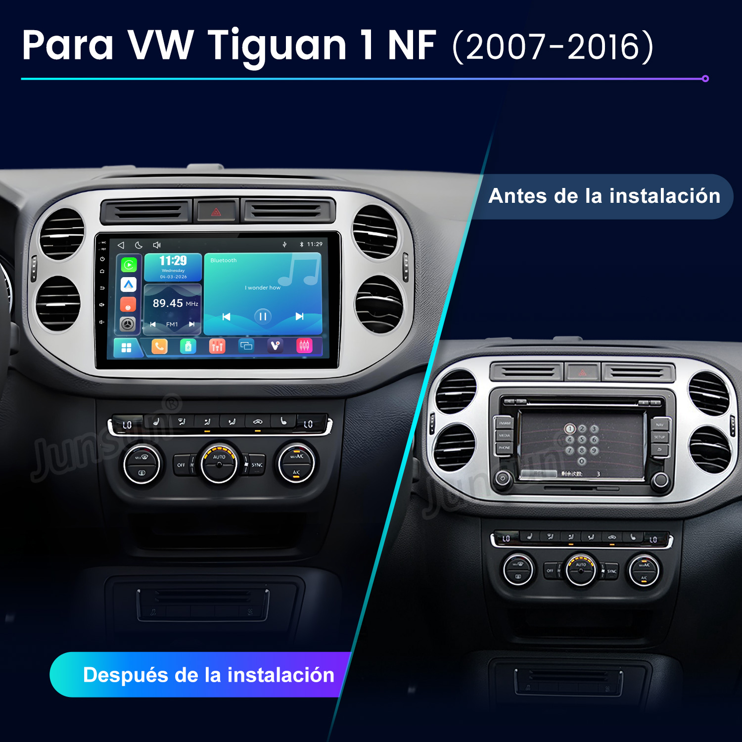 Comparación del salpicadero de un VW Tiguan antes y después de instalar un sistema de infoentretenimiento moderno.