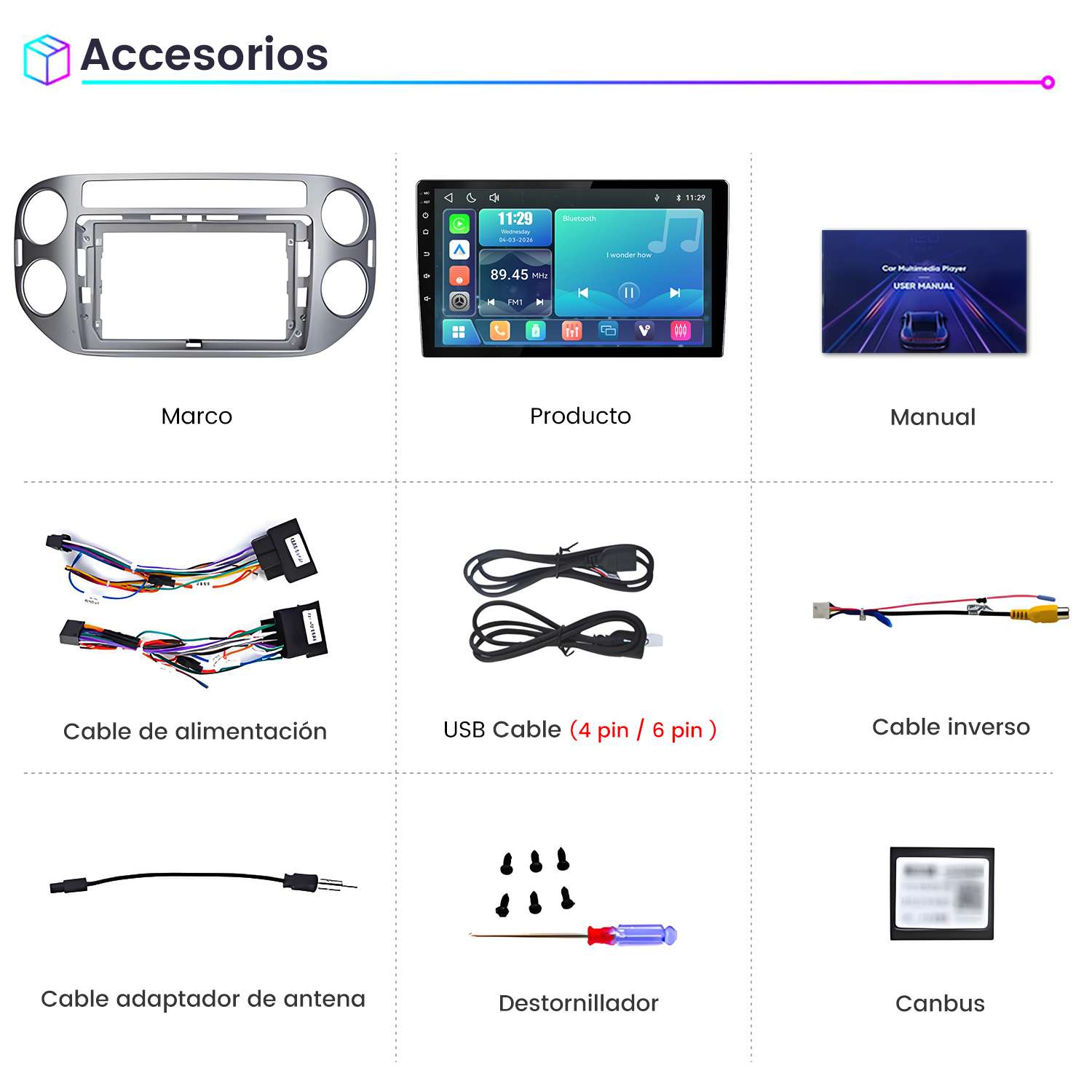 Imagen con accesorios para autoradio, incluyendo marco, pantalla, cables y destornillador.