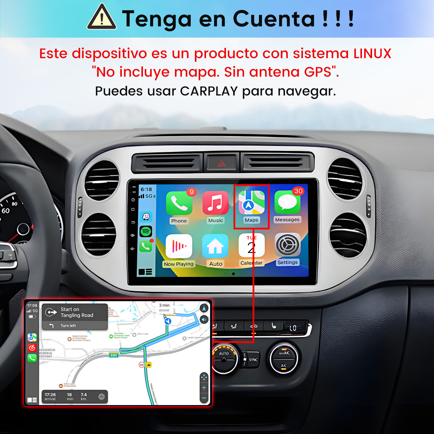 Salpicadero de coche con pantalla digital y aplicaciones, incluyendo un icono de mapa resaltado con vista de navegación.