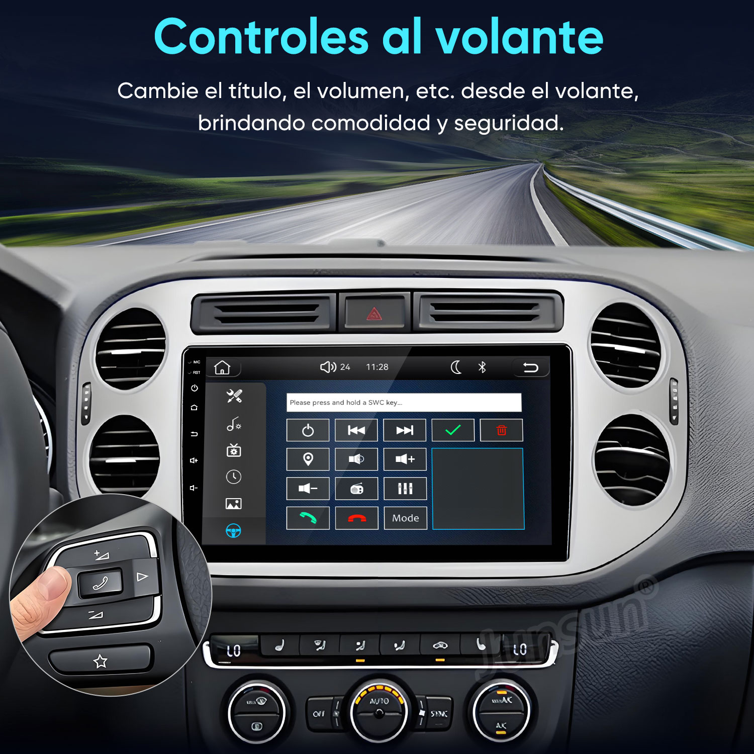 Salpicadero de coche con sistema de infoentretenimiento táctil y controles en el volante.