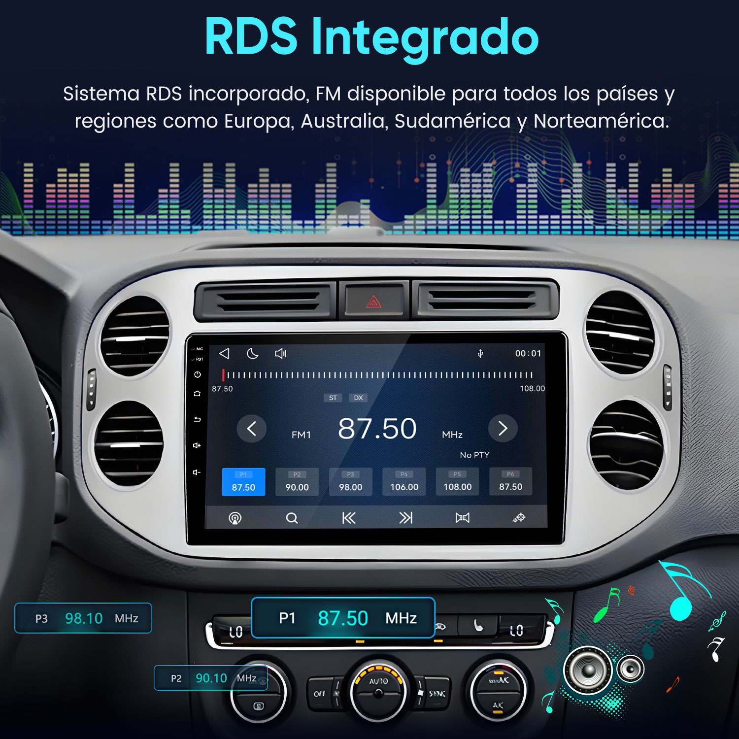 Una pantalla multimedia de coche muestra FM 87.50 MHz con ondas de sonido gráficas.
