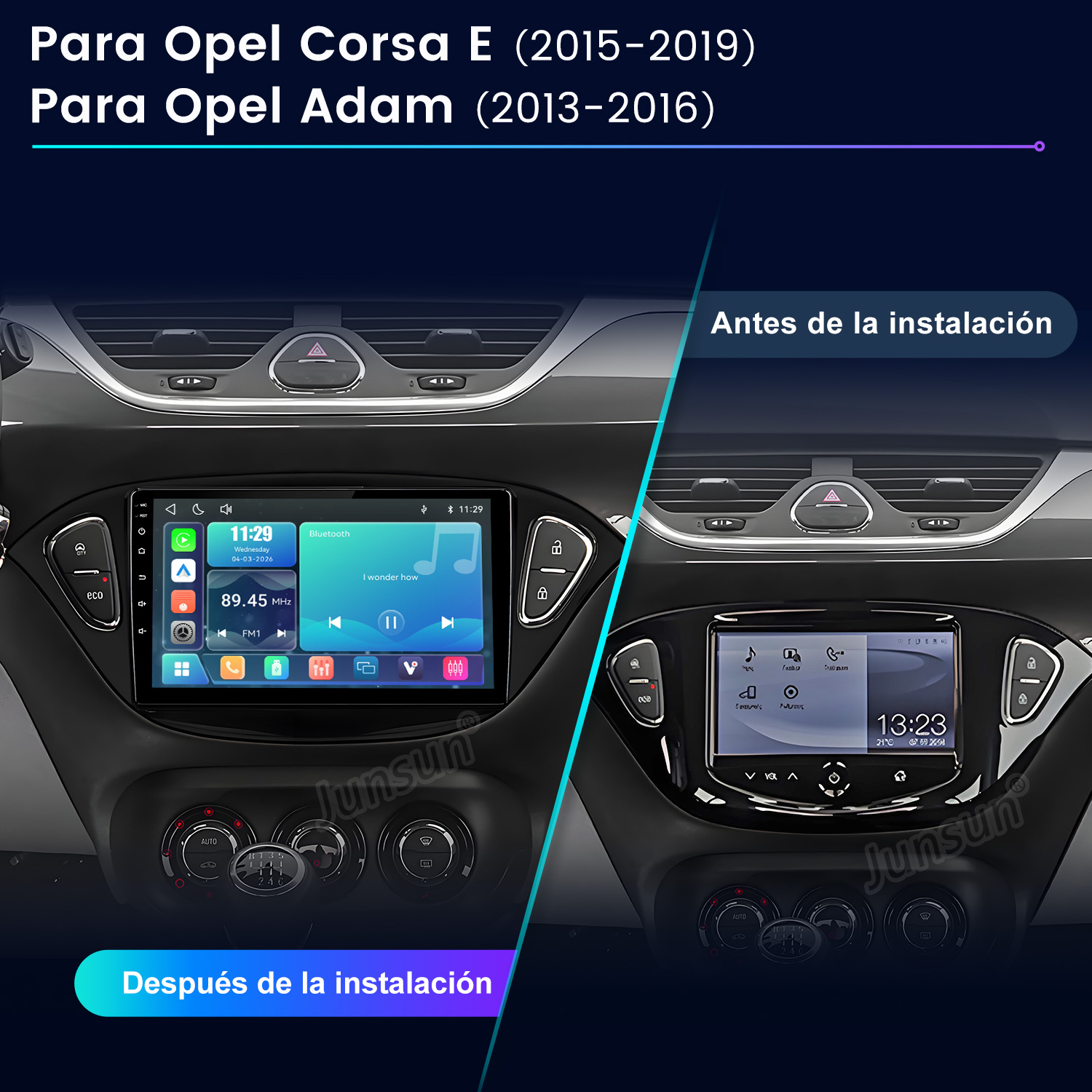 Comparación de dos tableros de auto antes y después de instalar un nuevo sistema de infoentretenimiento.