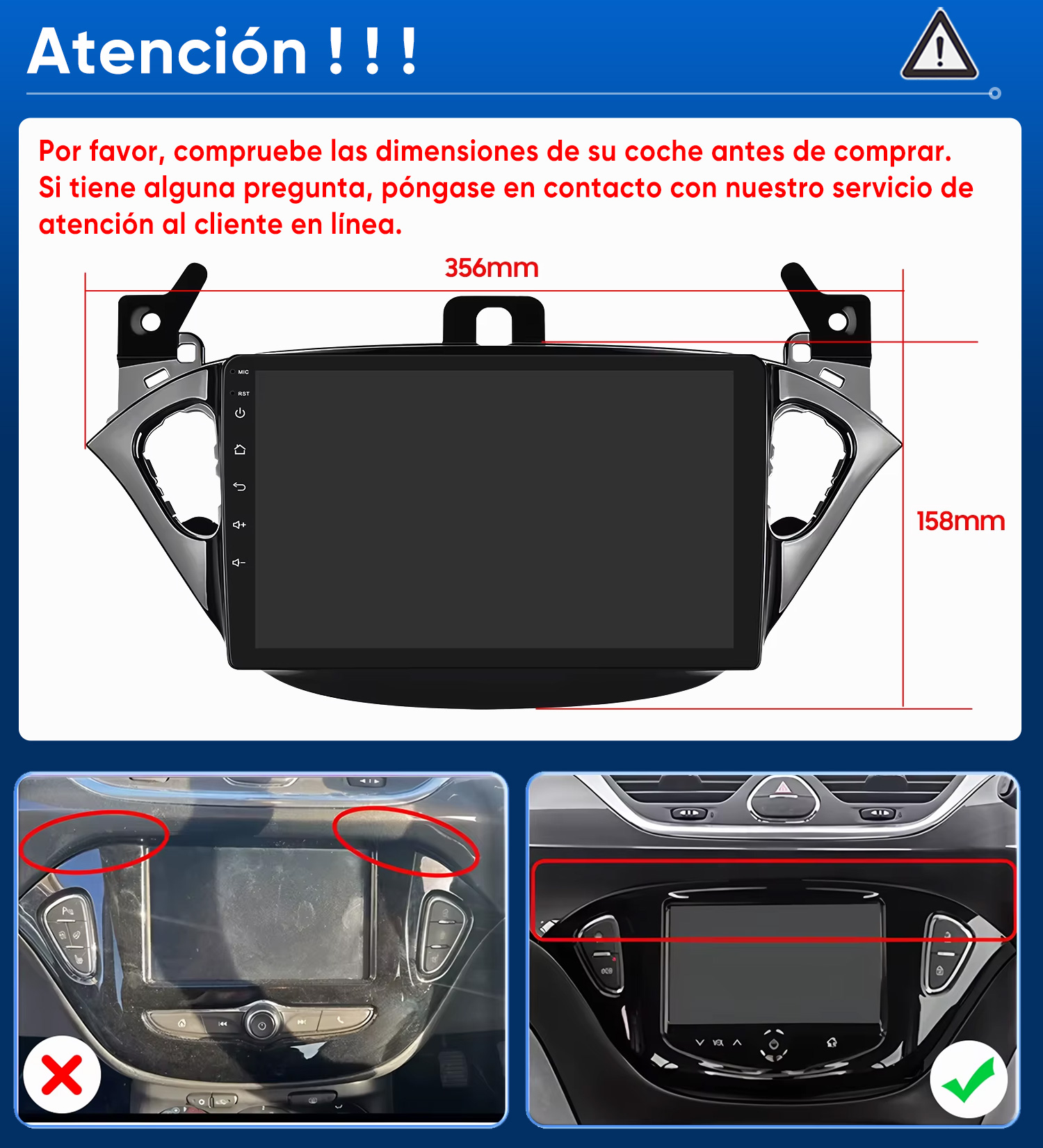 El diagrama muestra las dimensiones de un navegador para auto, 356 mm de ancho y 158 mm de alto.