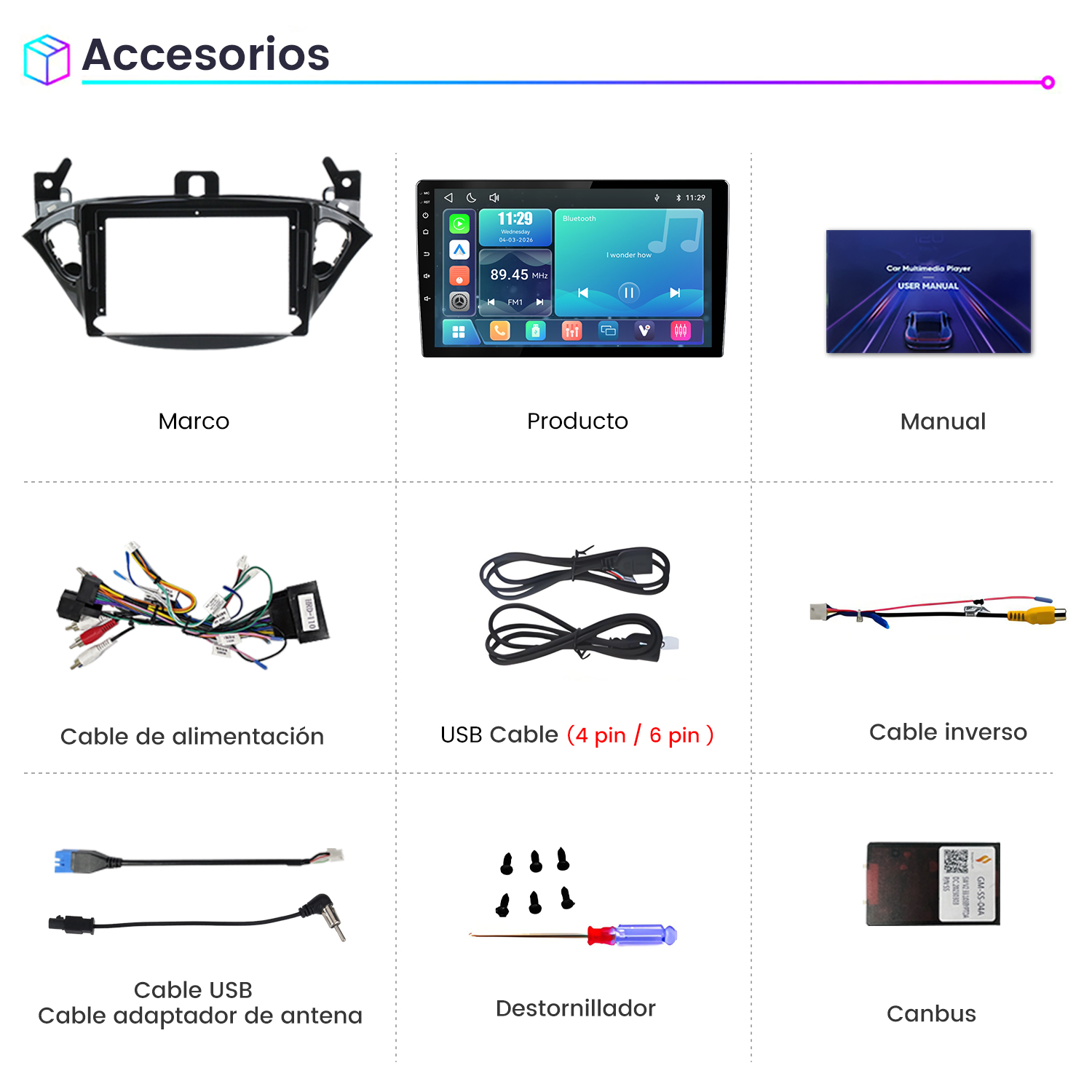Pantalla de accesorios multimedia para coche con marco, pantalla, manual, cables, tornillos, destornillador y canbus.