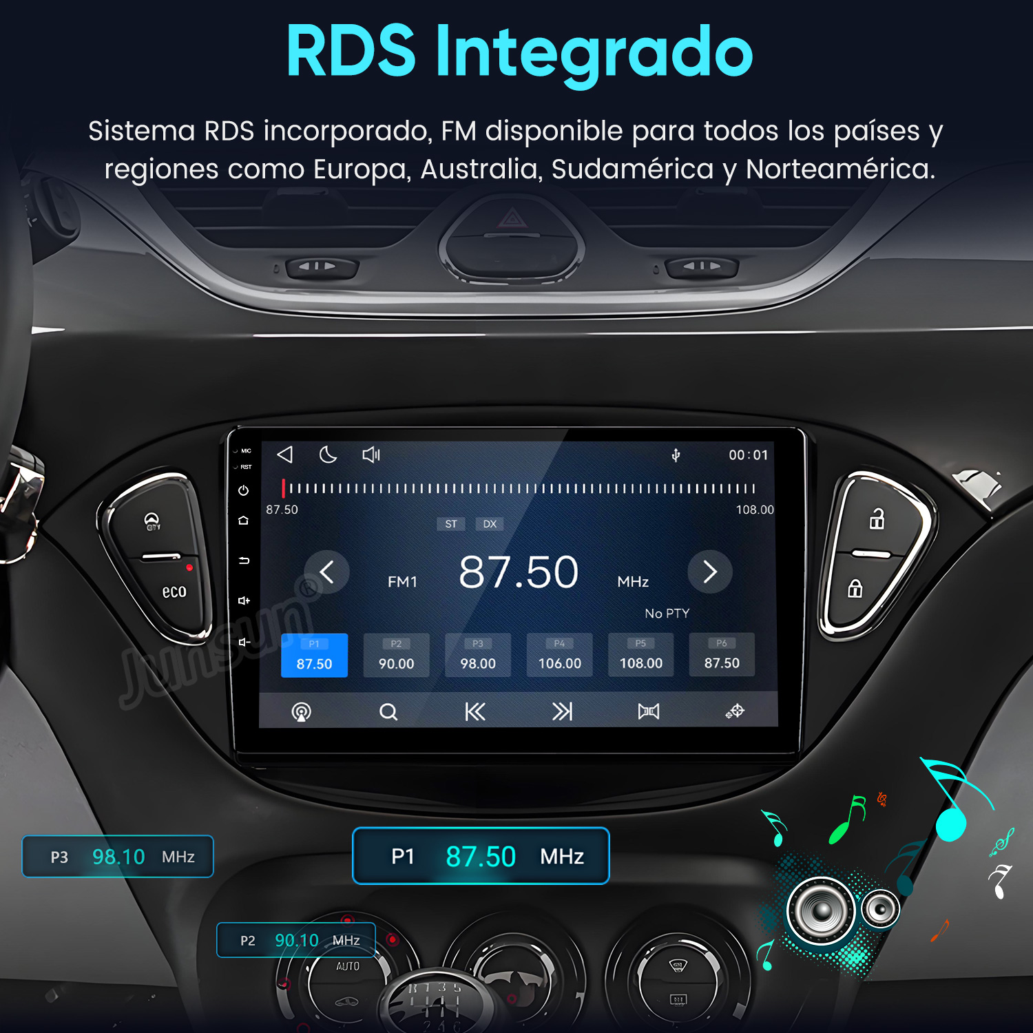 Un sistema de audio para auto en el tablero muestra la frecuencia 87.50 MHz y RDS integrado.