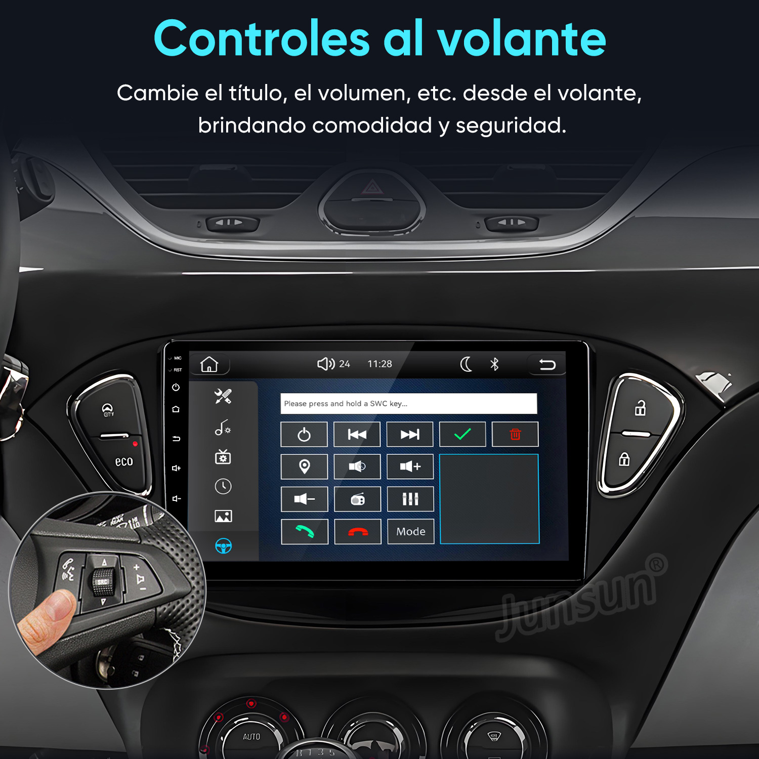 Pantalla táctil de coche mostrando menú de control al volante, con inserción de botones.
