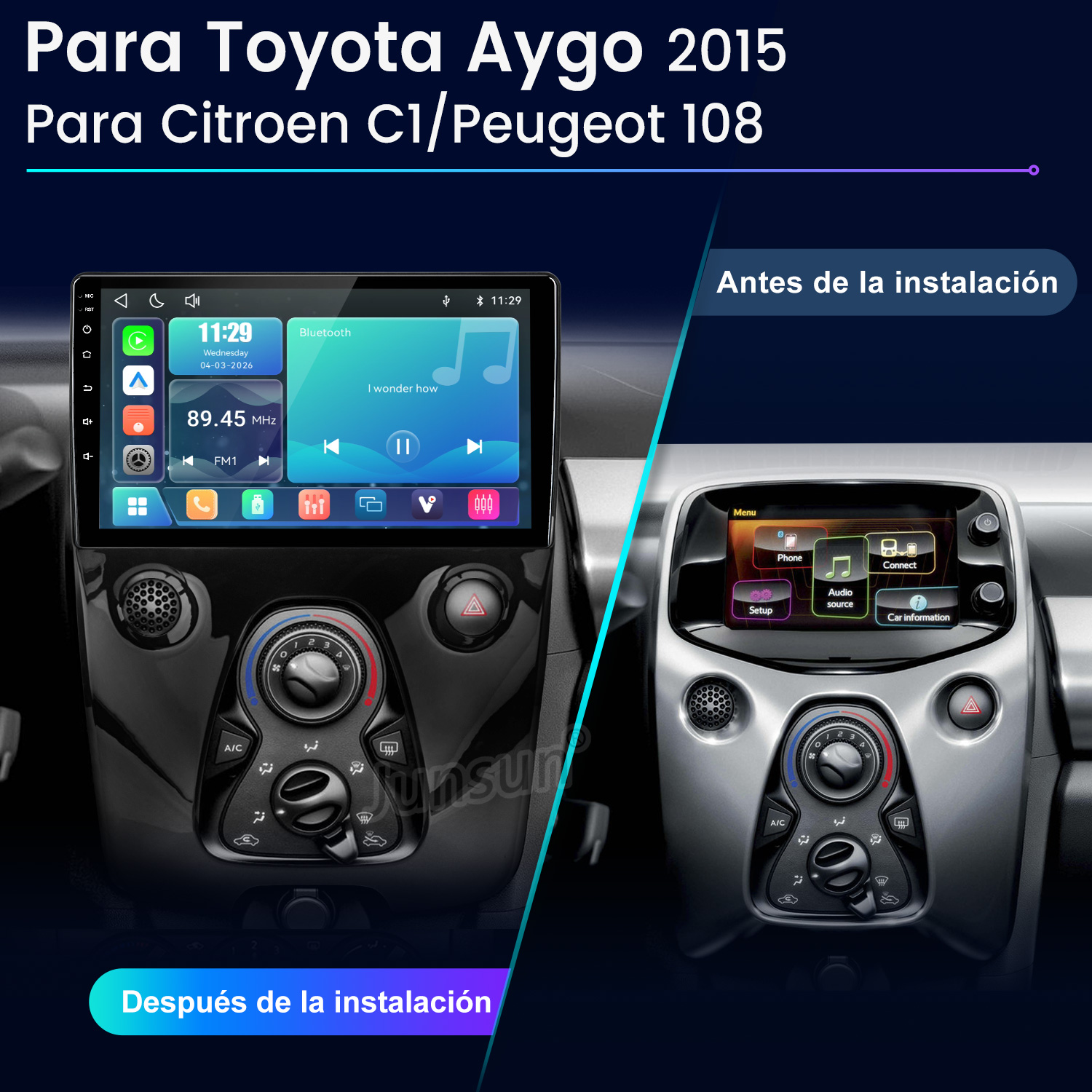 Comparación de consola de auto antes y después de instalar nueva radio táctil para Toyota Aygo.
