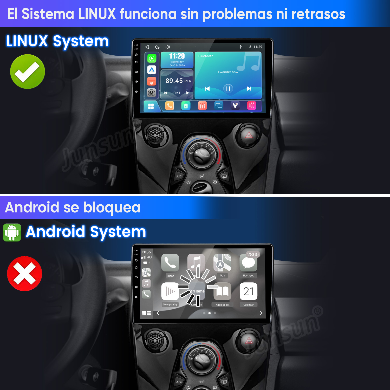 Comparación de dos sistemas de audio para automóviles: Linux funciona sin problemas mientras Android muestra un icono de carga.