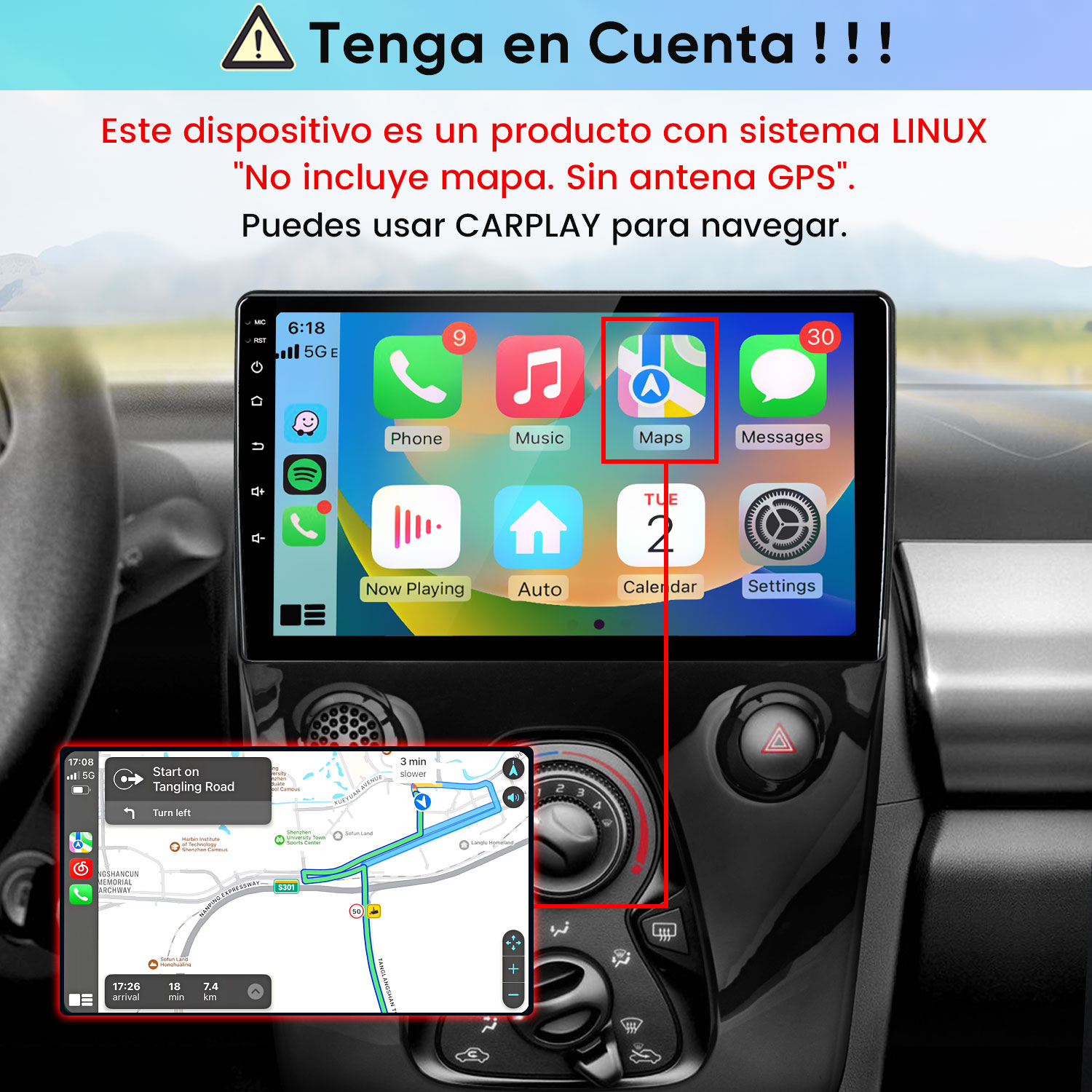 Pantalla de salpicadero de coche que muestra una aplicación de mapas con indicaciones y varios iconos.