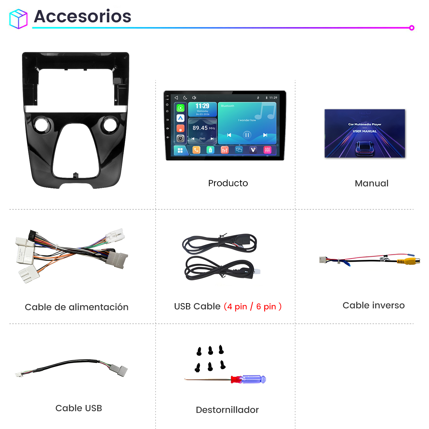 Accesorios para autoradio incluyendo marco, pantalla, manual, cables y herramientas.