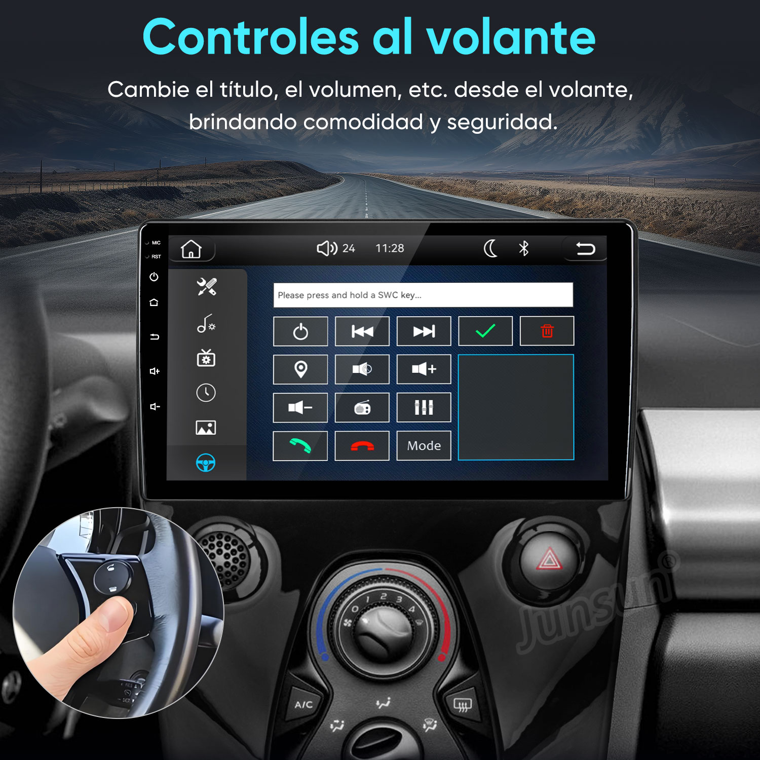Pantalla de coche con configuración de control de volante en un salpicadero.
