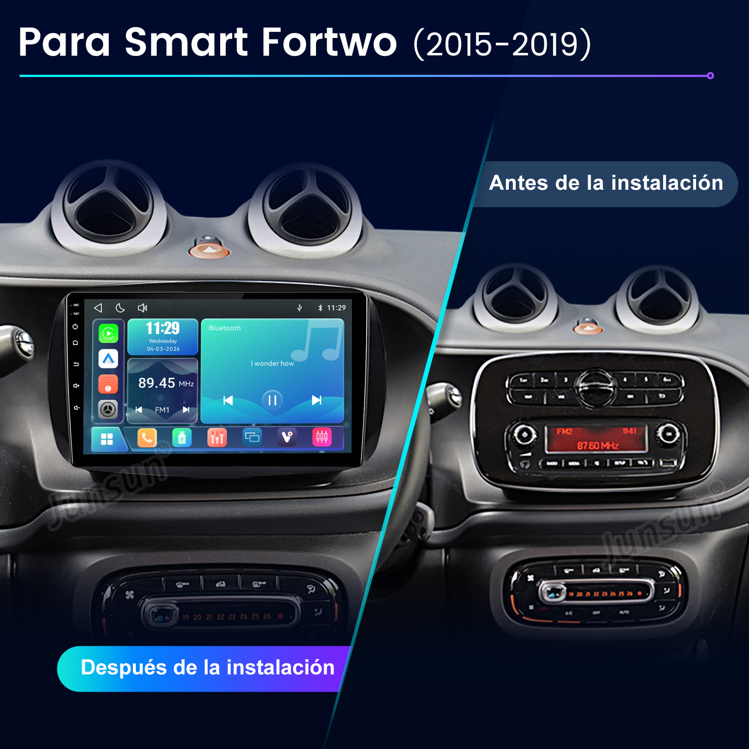 Salpicadero de Smart Fortwo antes y después de actualizar la radio.